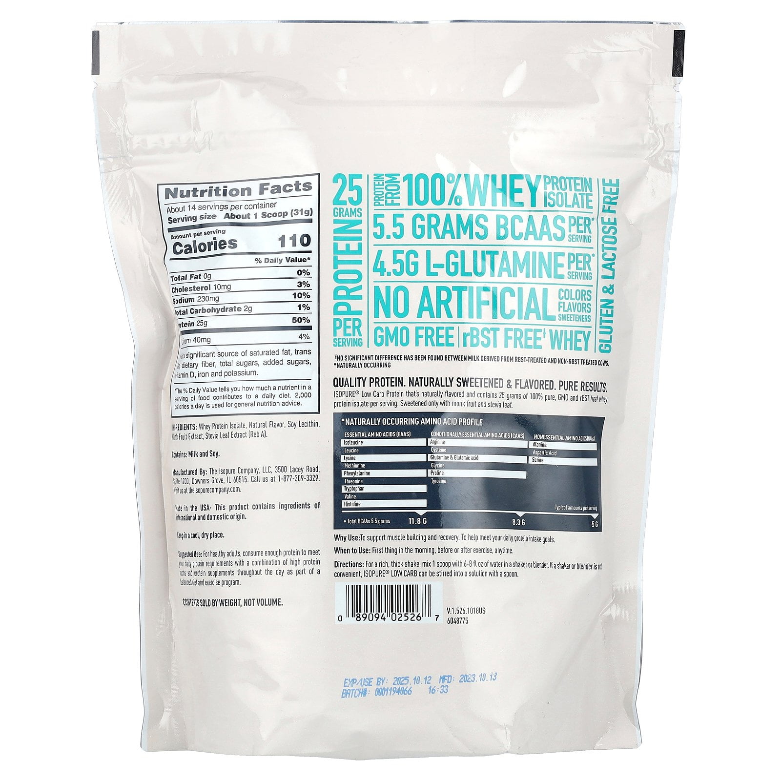 Isopure Whey Protein Isolate Powder 25g Protein Low Carb Keto Tahitian Vanilla 14 Servings 1 Pound