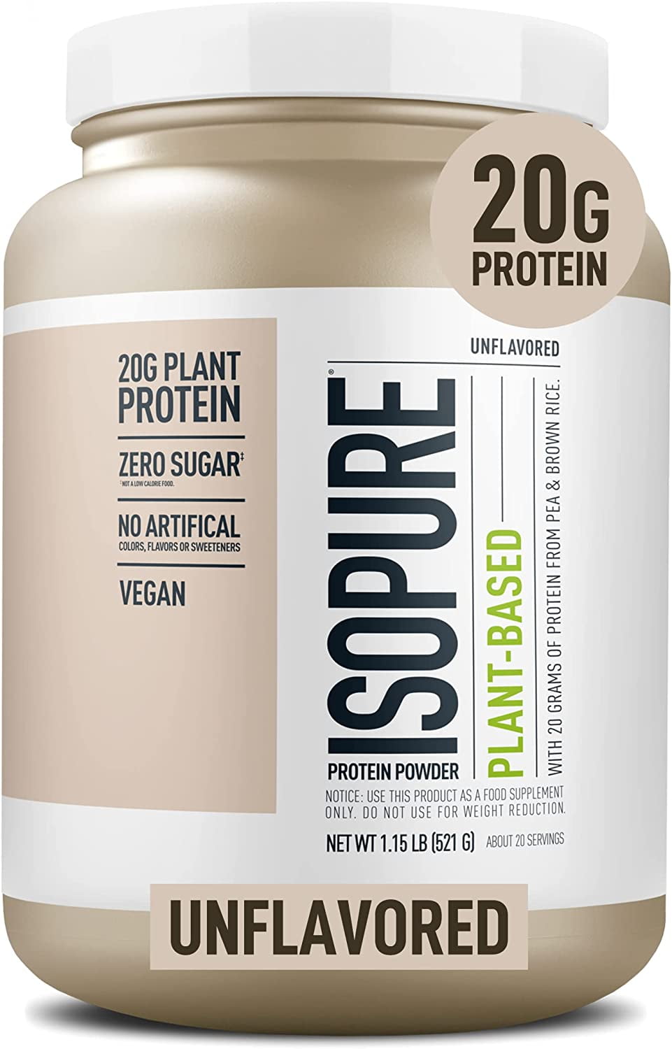 Isopure Plant Based Protein 20g Pea Brown Rice Powder Unflavored 1.15 lb About 20 Servings