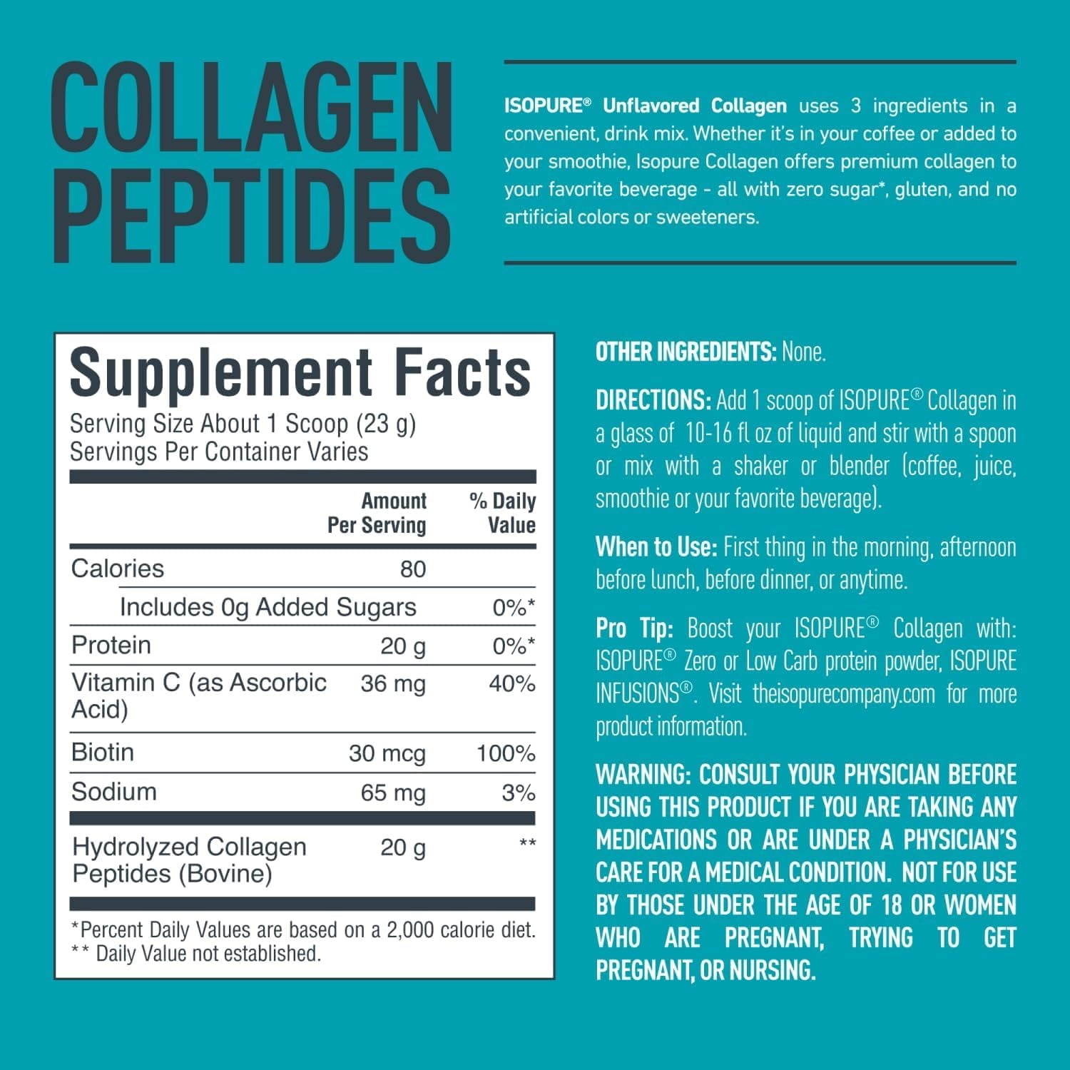 Isopure Collagen Unflavored 14 Servings for Health and Beauty