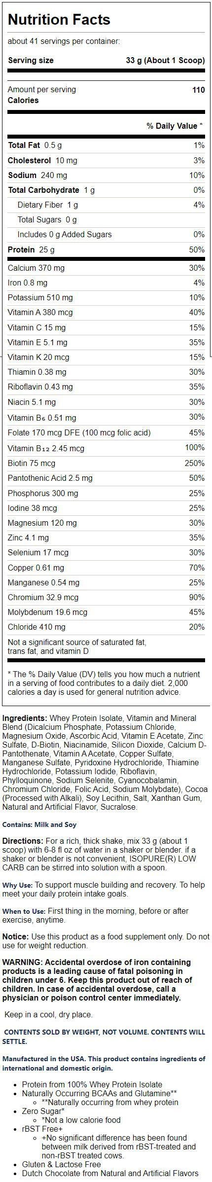 Isopure Low Carb Protein Dutch Chocolate 25g Protein 3 lbs Powder