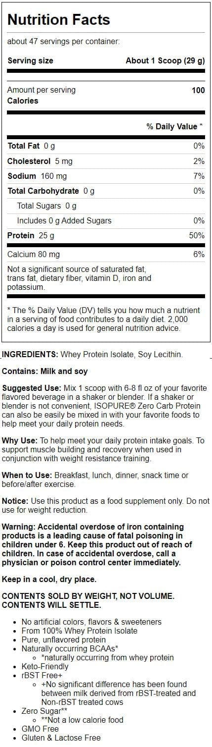 Isopure Zero Carb Whey Protein Isolate 25g Powder Unflavored 3 lb 47 Servings