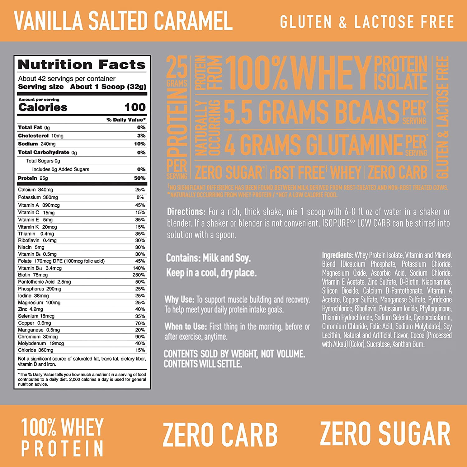 Isopure Zero Carb Vanilla Salted Caramel Protein Powder 3lb - Immune Support, 25g Protein, Keto Friendly,