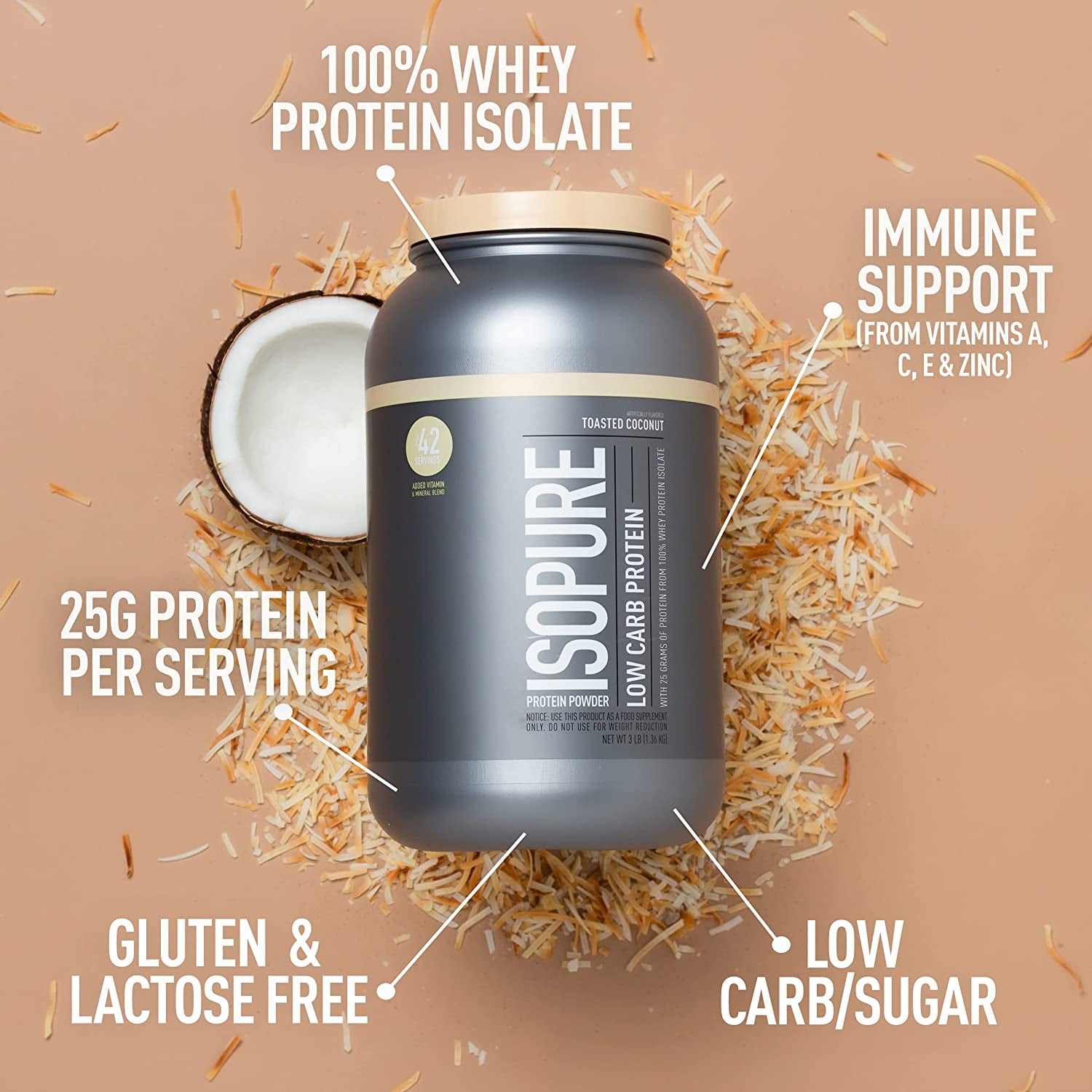 Isopure Low Carb Toasted Coconut Protein Powder 3 lb 1.36 kg