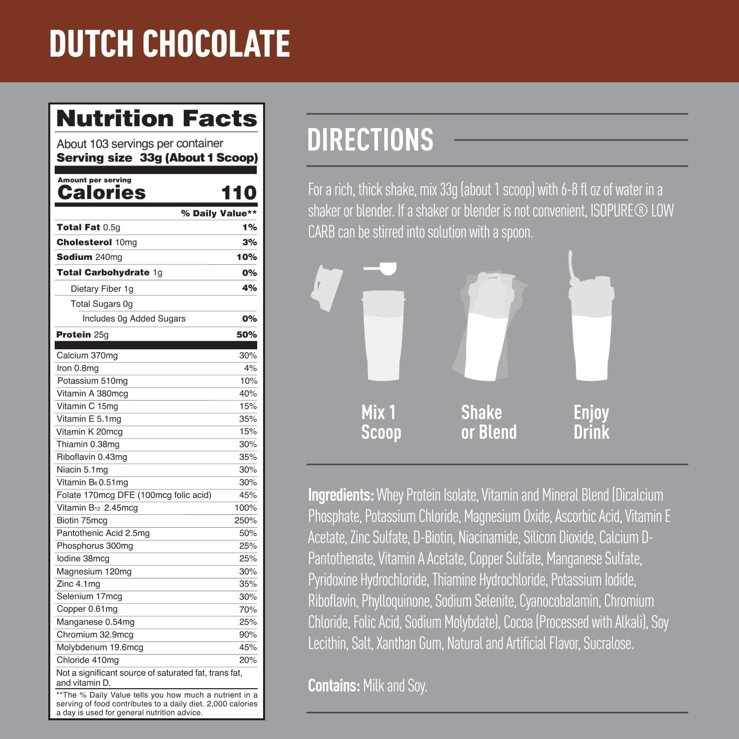 Isopure Low Carb Whey Isolate Protein Powder Dutch Chocolate 103 Servings 7.5 lb Keto Friendly Gluten