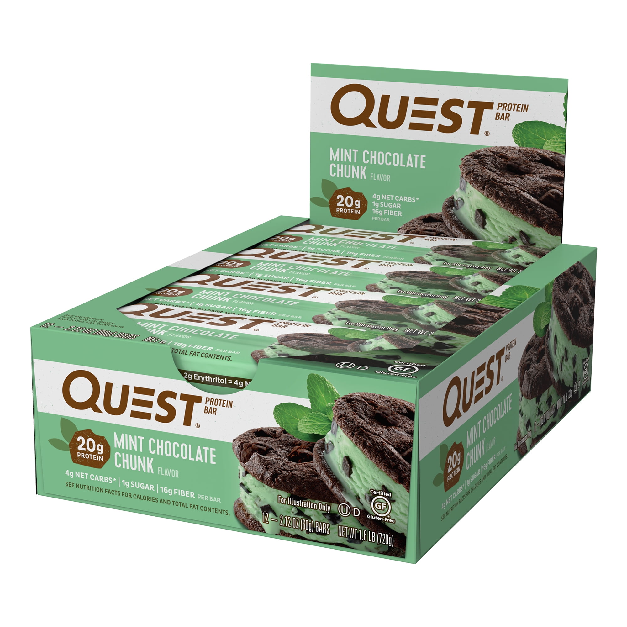 Quest Mint Chocolate Chunk Protein Bar 20g Protein Gluten Free 12 Count
