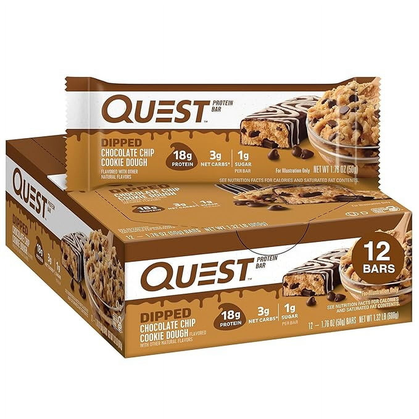 Quest Nutrition Dipped Chocolate Chip Cookie Dough Protein Bars 18g Protein 3g Net Carbs Gluten Free 1.76 Oz 12 Count