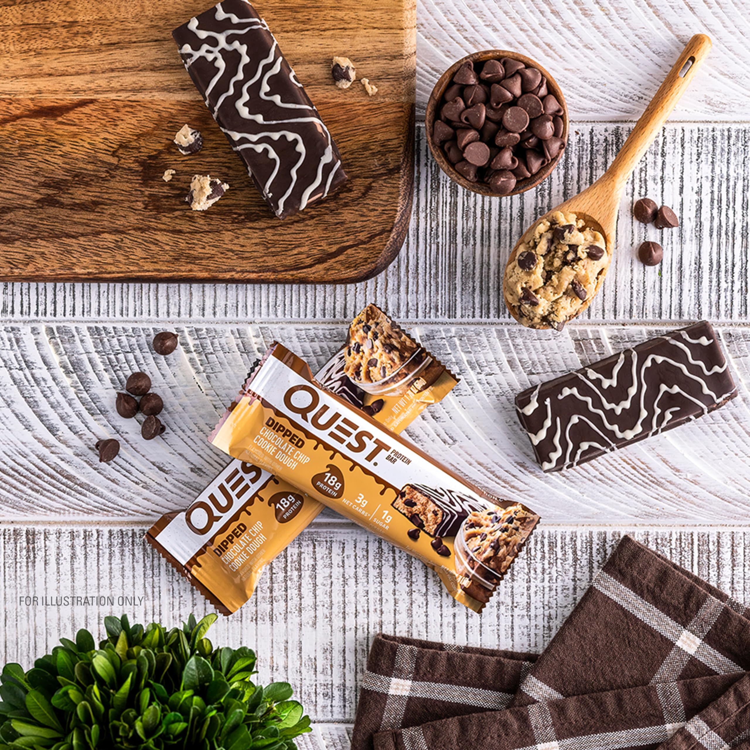 Quest Nutrition Dipped Chocolate Chip Cookie Dough Protein Bars 18g Protein 3g Net Carbs Gluten Free 1.76 Oz 12 Count