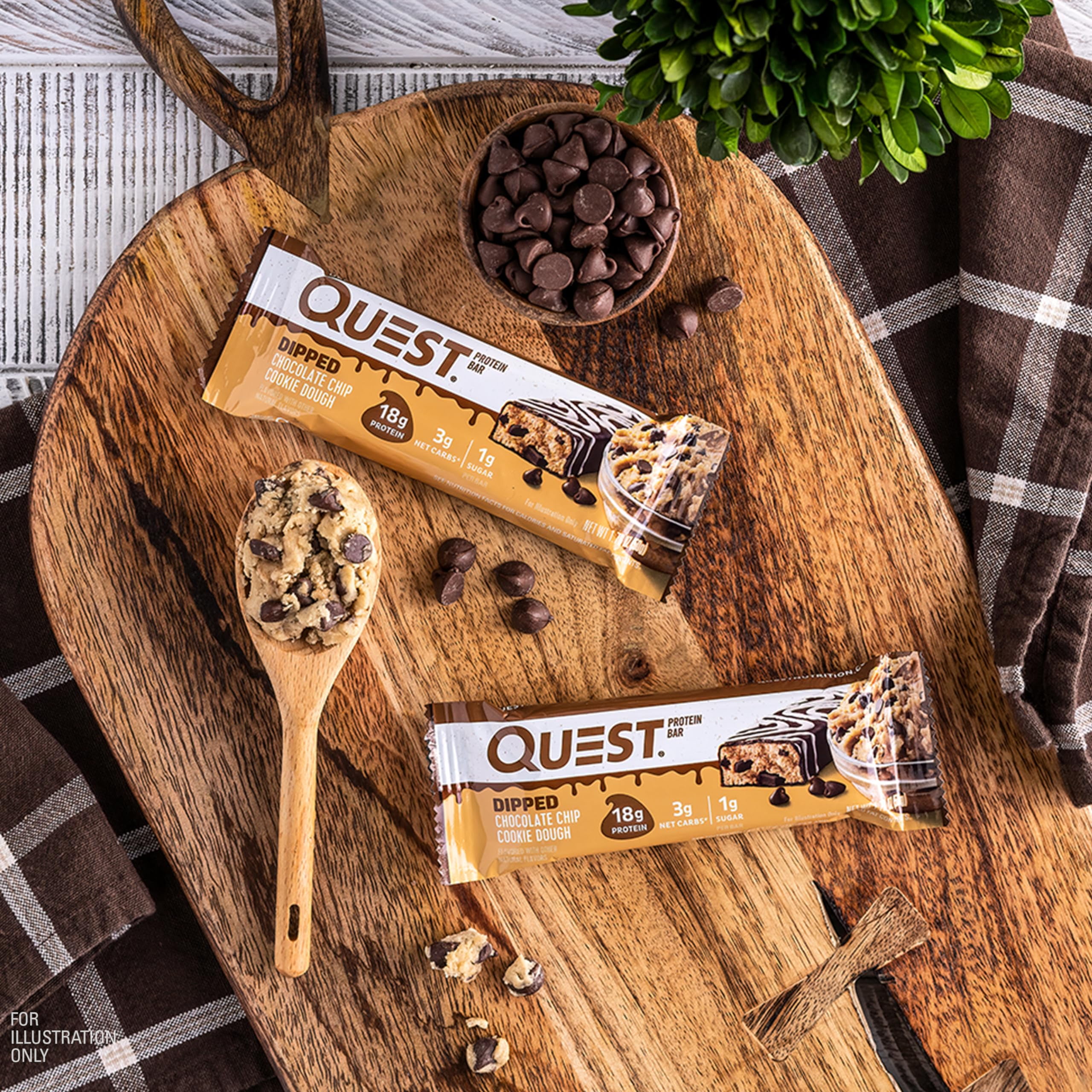 Quest Nutrition Dipped Chocolate Chip Cookie Dough Protein Bars 18g Protein 3g Net Carbs Gluten Free 1.76 Oz 12 Count