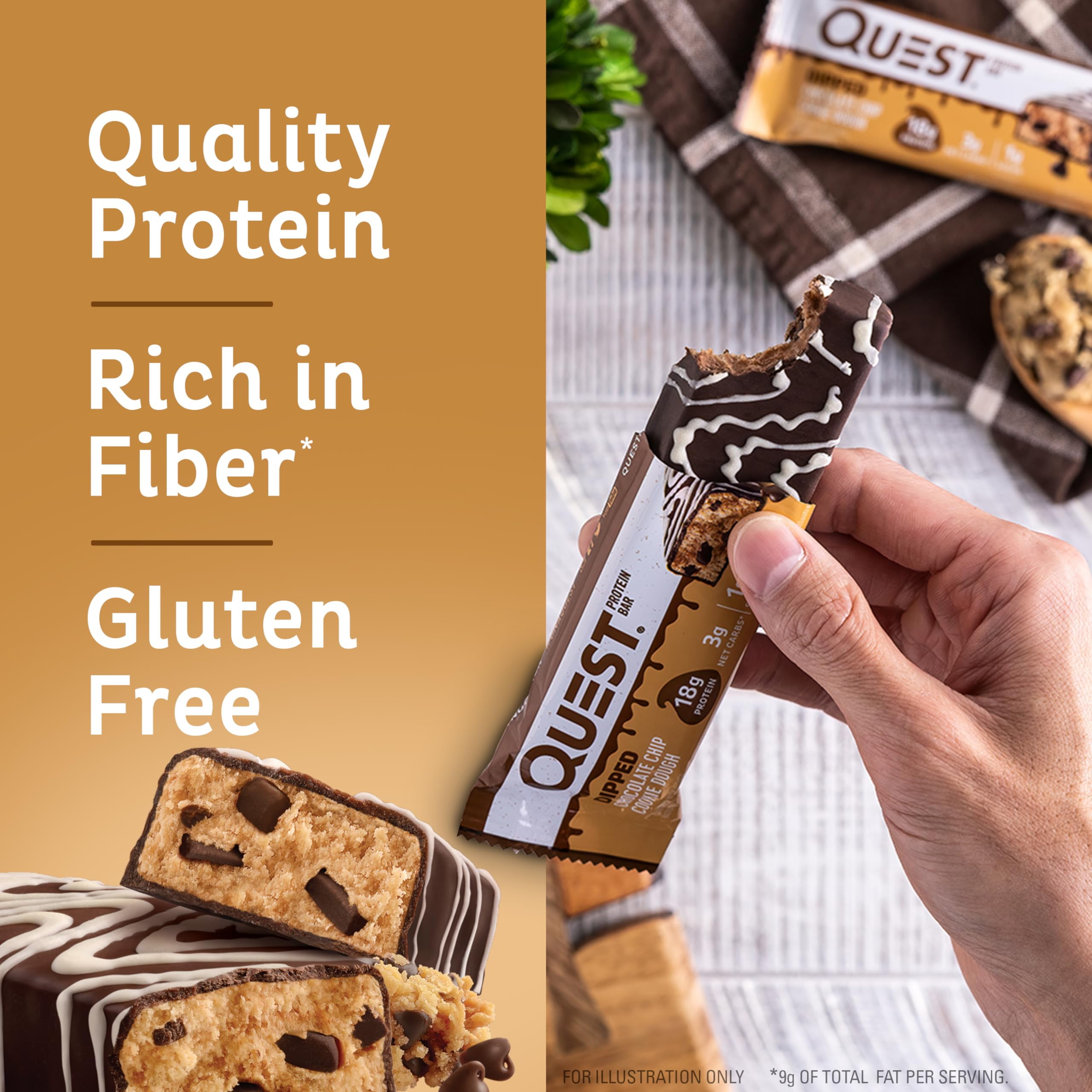 Quest Nutrition Dipped Chocolate Chip Cookie Dough Protein Bars 18g Protein 3g Net Carbs Gluten Free 1.76 Oz 12 Count