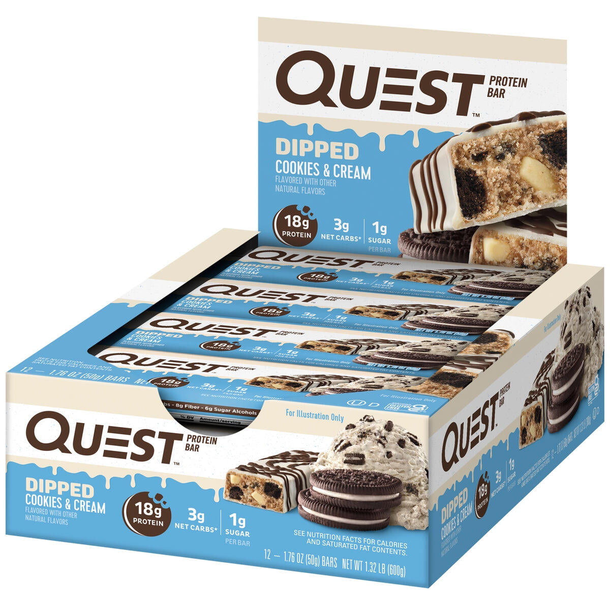 Quest Dipped Protein Bars Low Sugar High Protein Cookies and Cream 12 Count