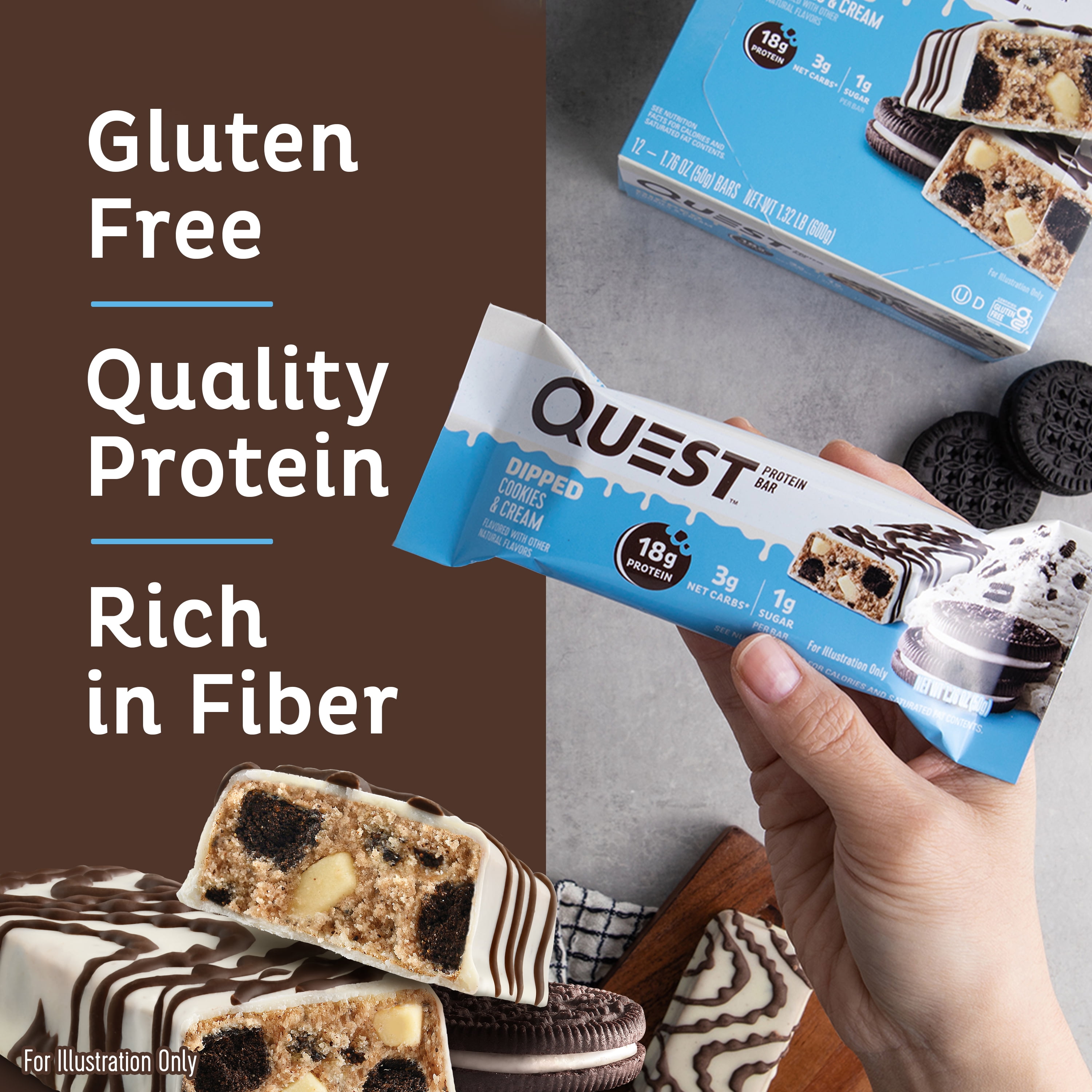 Quest Dipped Protein Bars Low Sugar High Protein Cookies and Cream 12 Count
