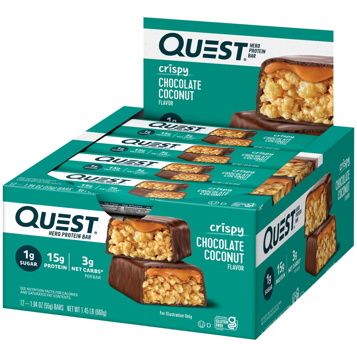 Quest Chocolate Coconut Crispy Hero Protein Bar Gluten Free 15g Protein 1.94 oz 12 Count