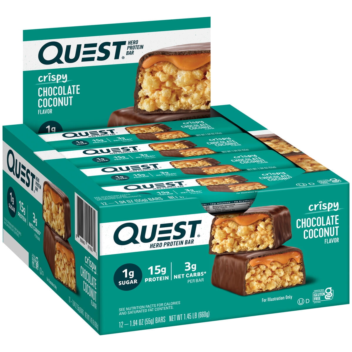 Quest Chocolate Coconut Crispy Hero Protein Bar Gluten Free 15g Protein 1.94 oz 12 Count