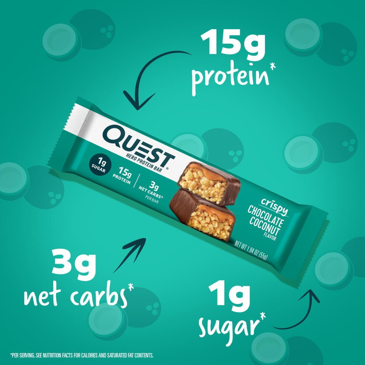 Quest Chocolate Coconut Crispy Hero Protein Bar Gluten Free 15g Protein 1.94 oz 12 Count