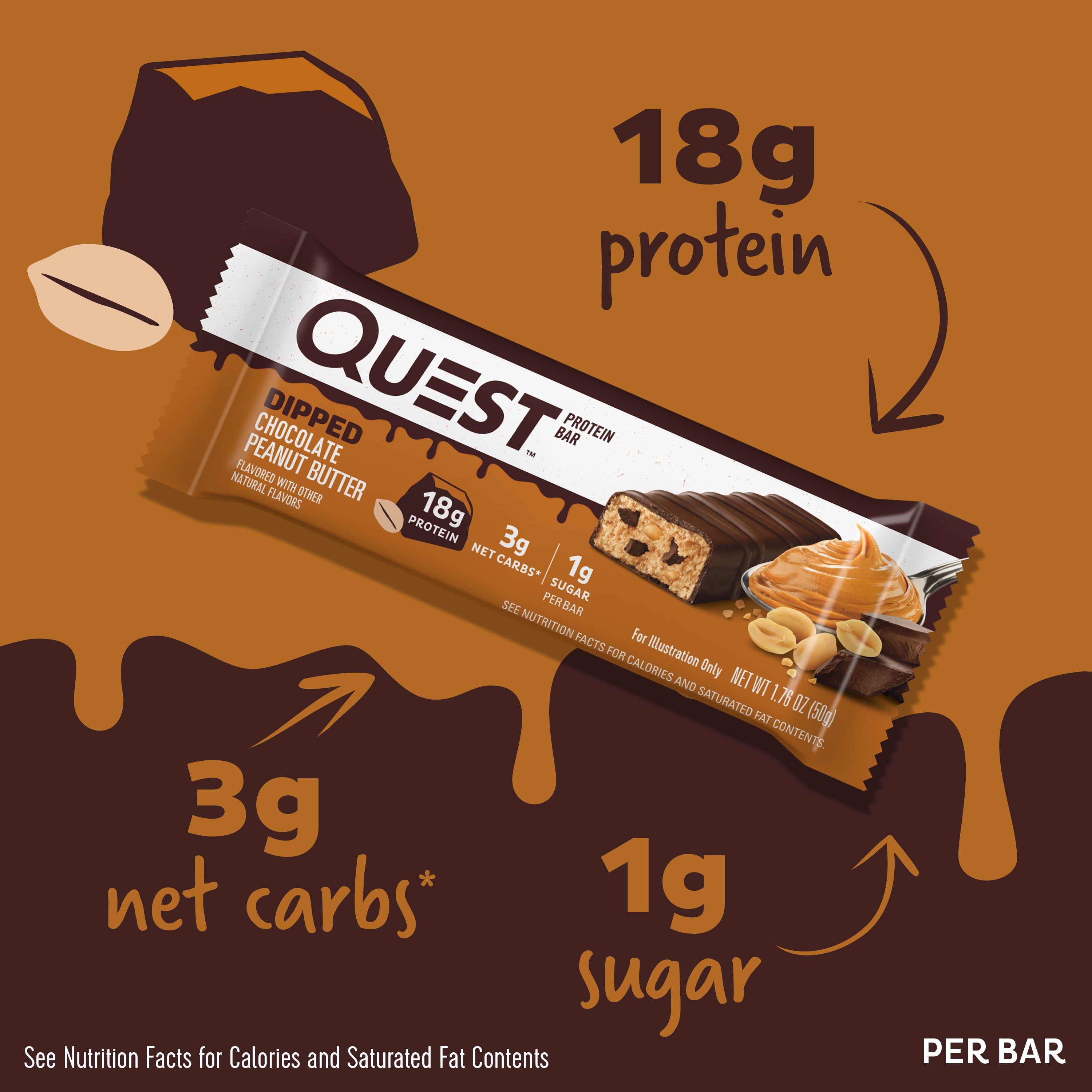 Quest Dipped Protein Bar High Protein Low Sugar Chocolate Peanut Butter 4 Count