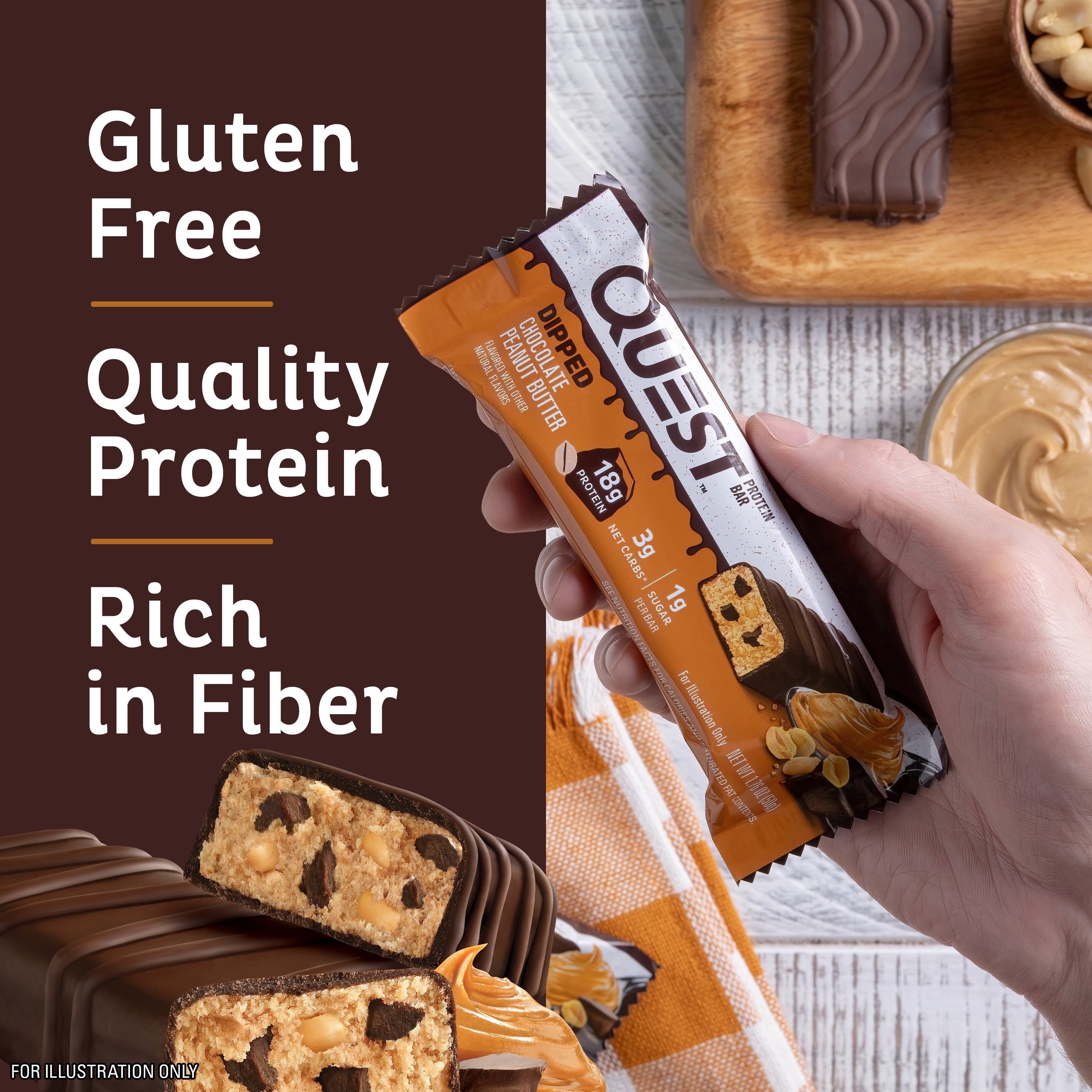Quest Dipped Protein Bar High Protein Low Sugar Chocolate Peanut Butter 4 Count