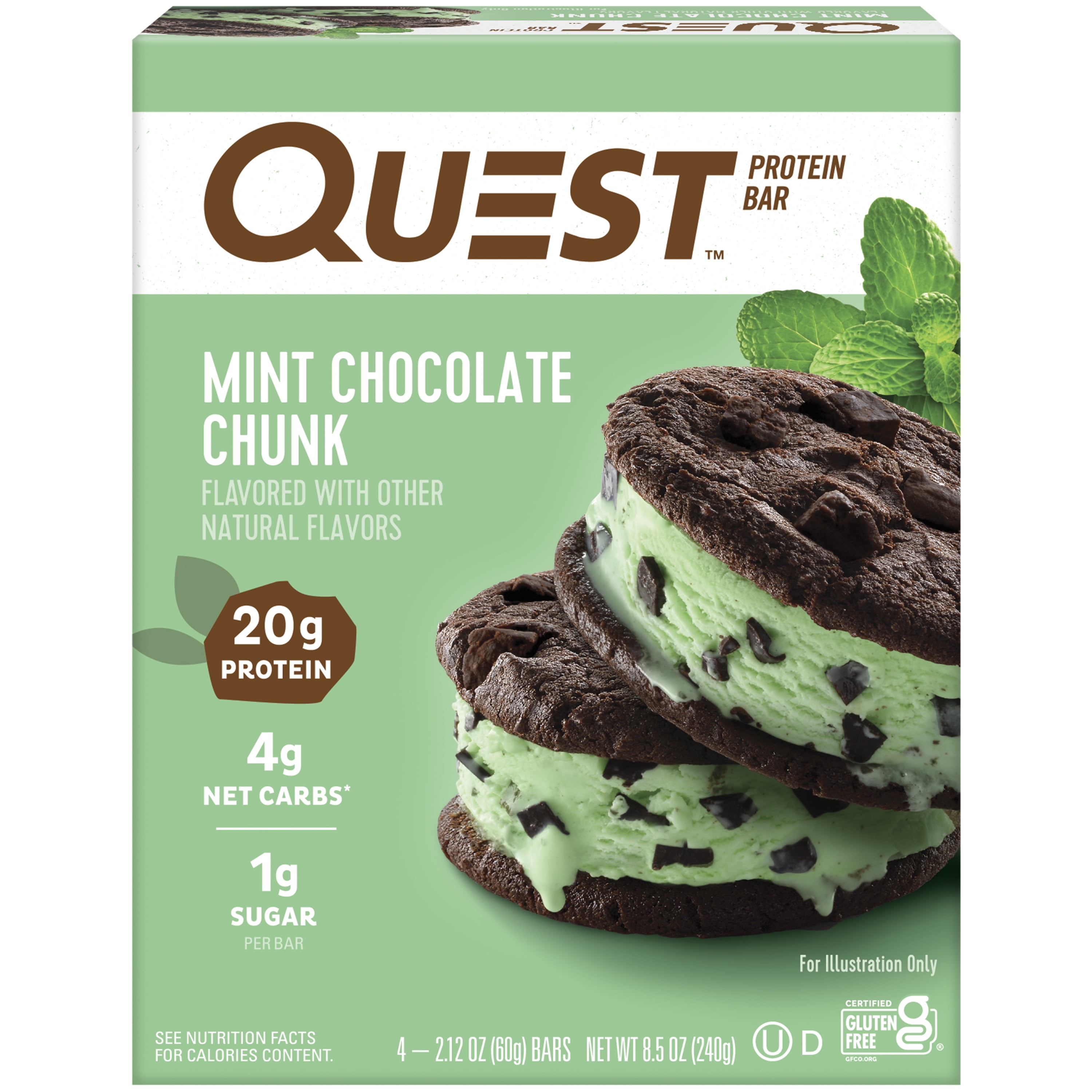 Quest Protein Bar Low Carb Gluten Free Mint Chocolate Chunk 20g Protein 4 Count