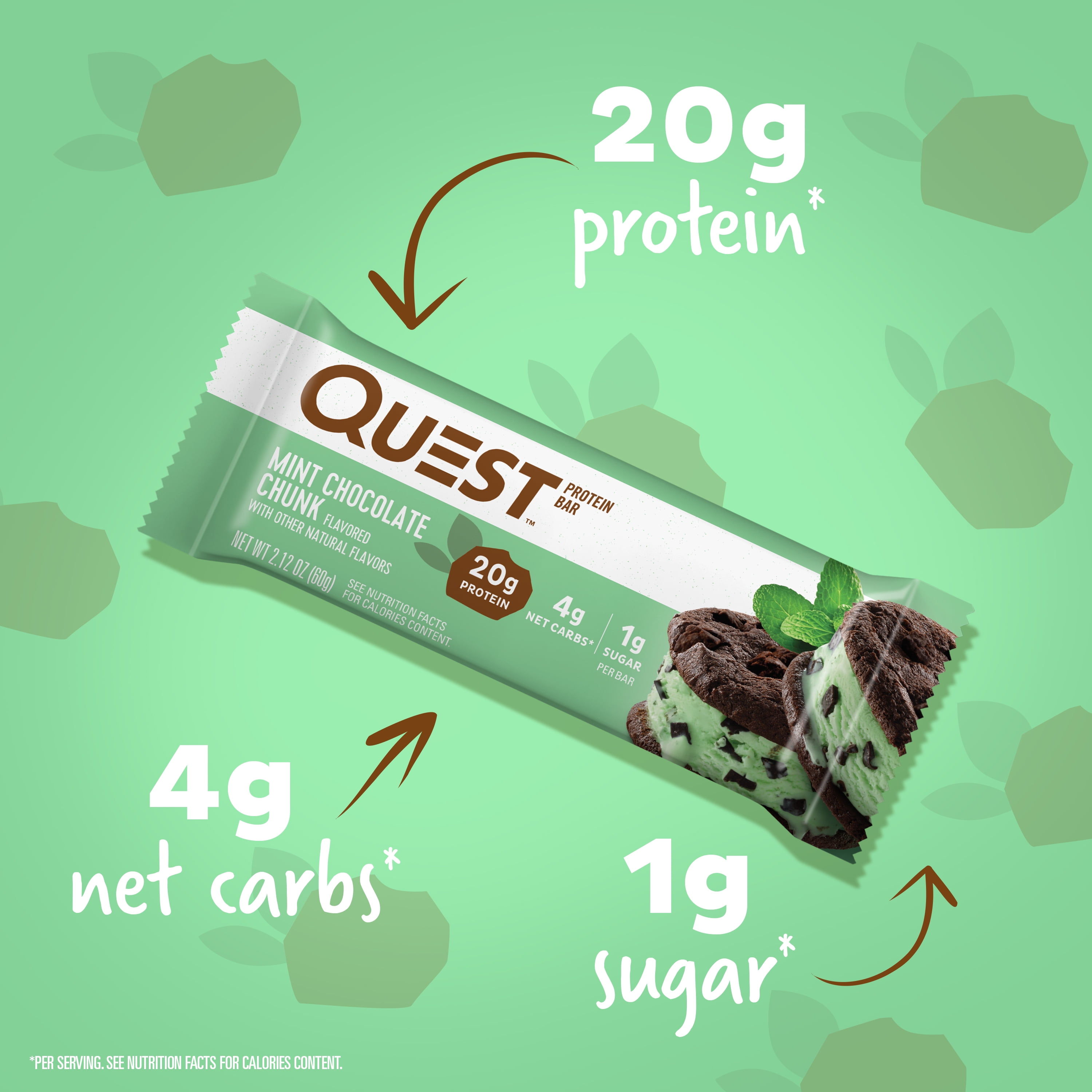 Quest Protein Bar Low Carb Gluten Free Mint Chocolate Chunk 20g Protein 4 Count