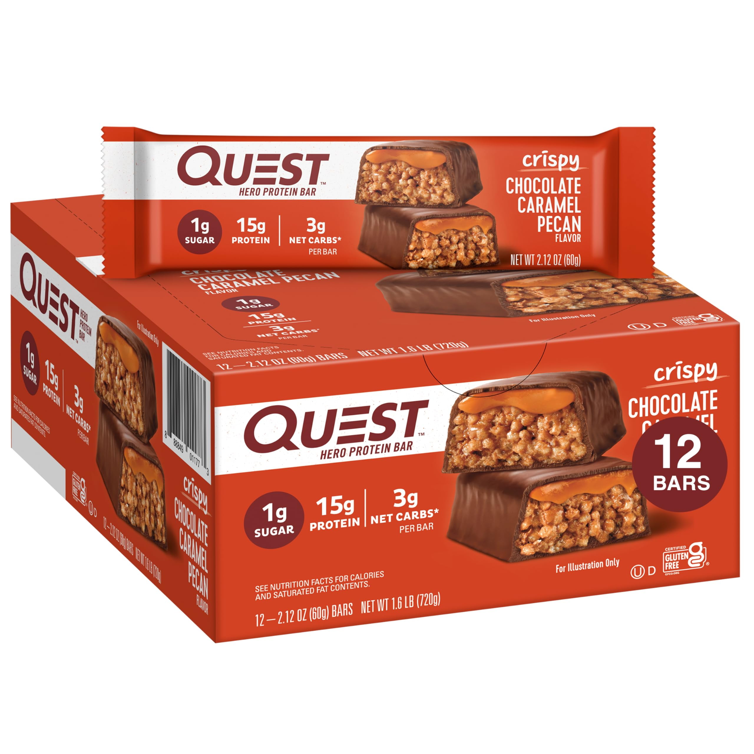 Quest Nutrition Crispy Chocolate Caramel Pecan & Chocolate Peanut Butter Hero Protein Bars - High Protein Low Carb Gluten Free Keto Friendly - 15G Protein 1G Sugar 3G Net Carb