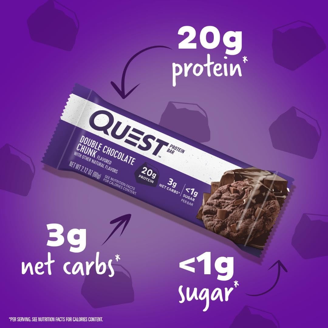 Quest Protein Bars Bundle: Double Chocolate Chunk & Chocolate Coconut Hero (24 Bars) Packaging May Vary