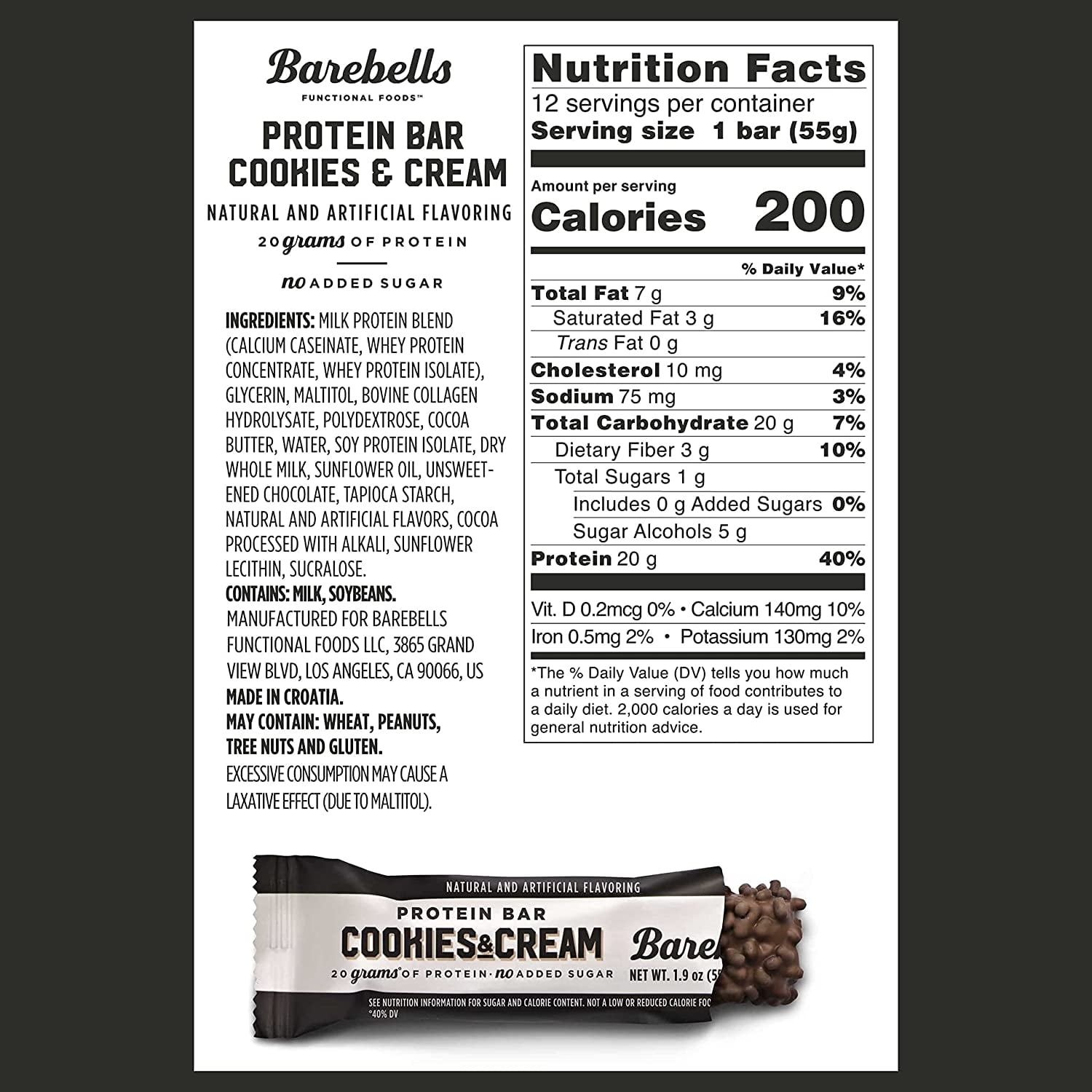 Barebells High Protein Bars 20g, 1.9oz Cookies & Cream 12 Pack