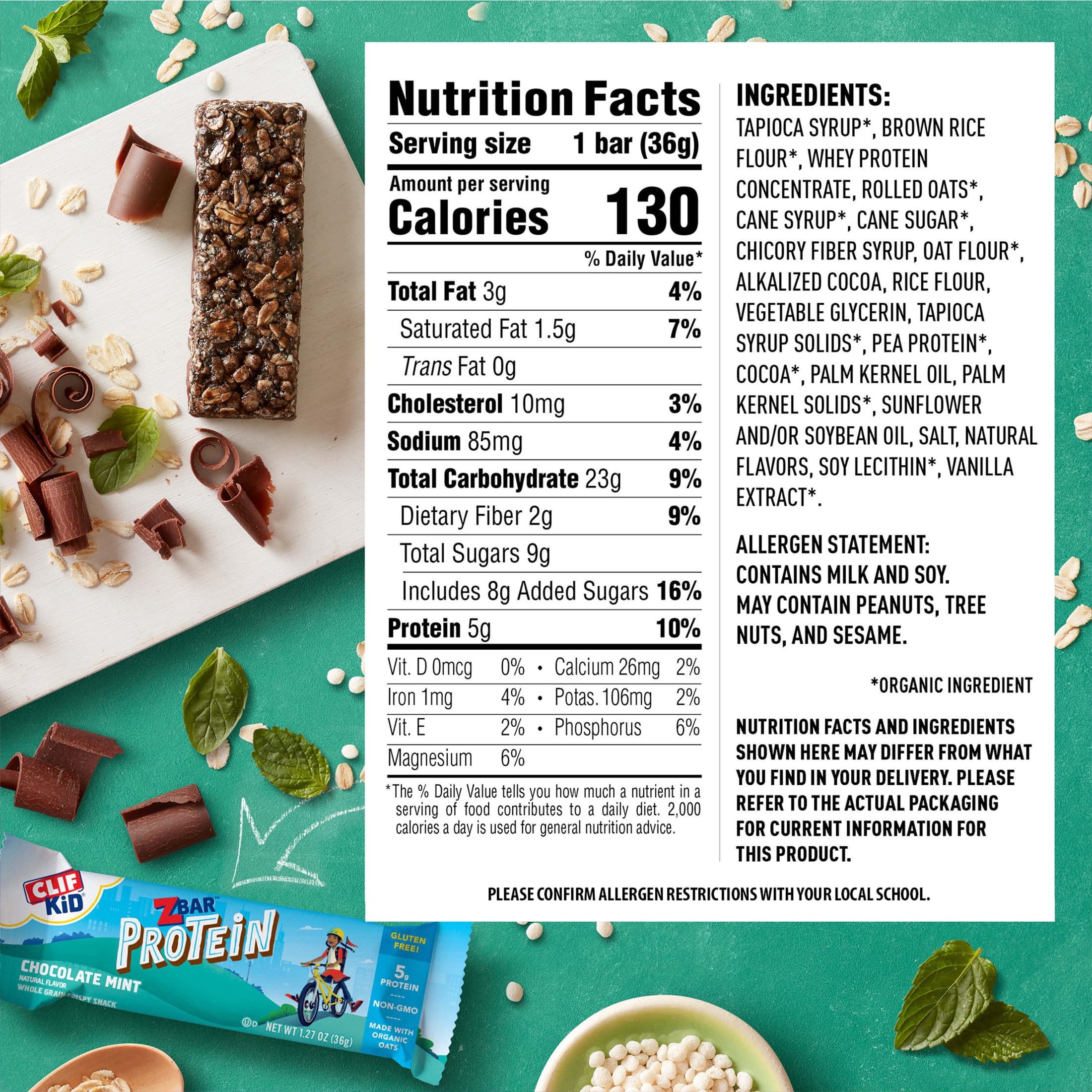 Zbar Protein Chocolate Mint Crispy Snack Bars Organic Oats Non-GMO 5g Protein Gluten Free 15 Pack