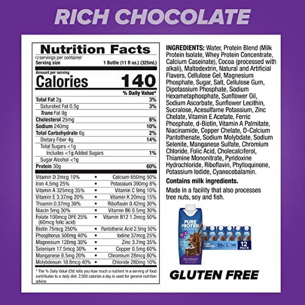 Pure Protein Chocolate Protein Shake 30g Complete Protein Ready to Drink Keto-Friendly with Vitamins A C D E Zinc for Immune Health 11oz Bottles 12 Pack