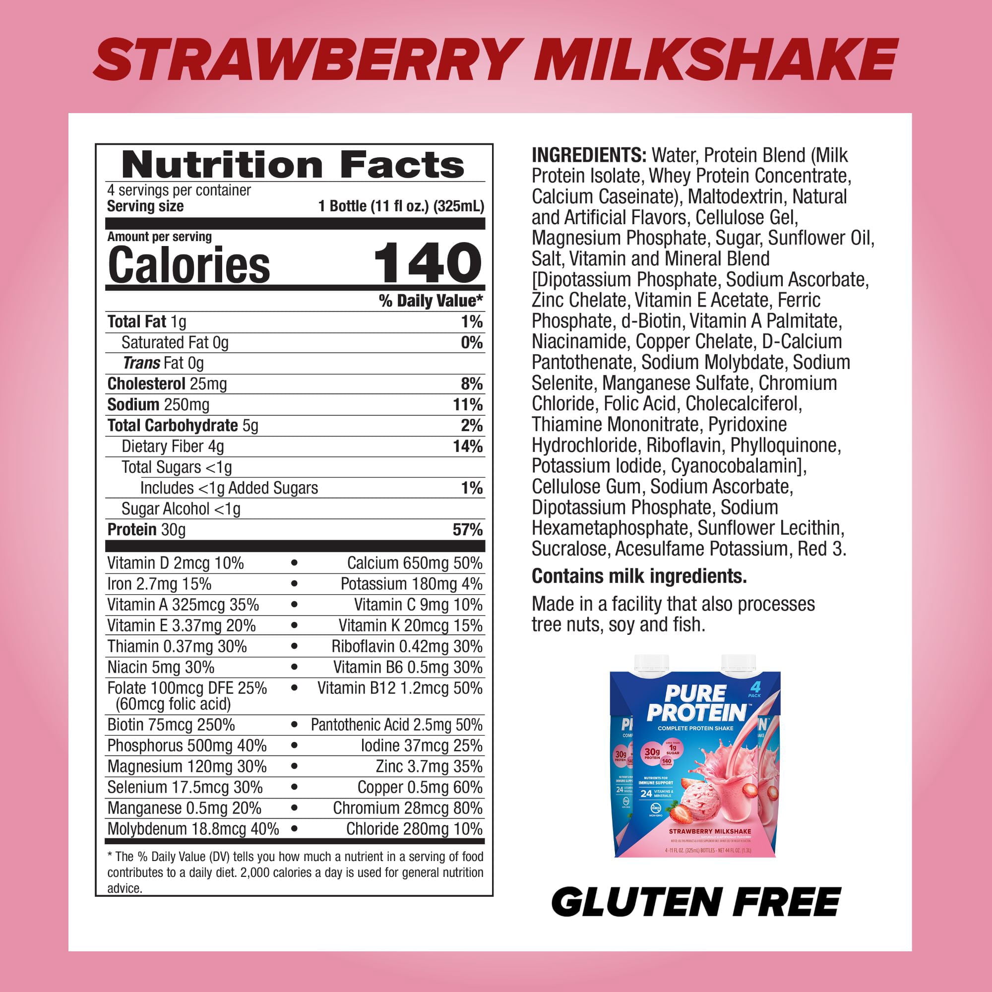 Pure Protein Strawberry Milkshake Complete Protein Shake 4 Ct Gluten Free 11 fl oz