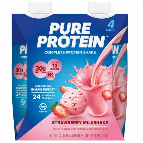 Pure Strawberry Milkshake Complete Protein Shake 11 fl oz 4 bottles 2X