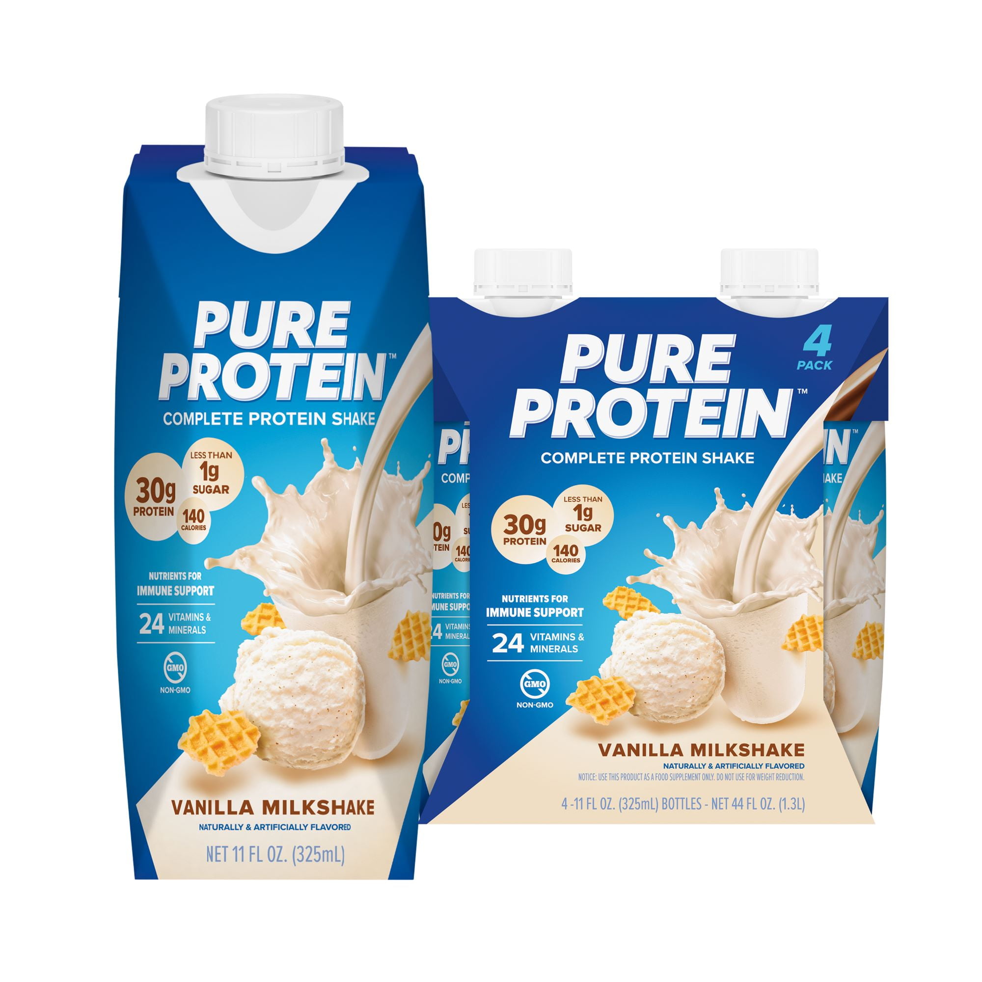 Pure Protein Shake 3 Pack Vanilla Milkshake 30g Protein Gluten Free 11 fl oz 4 Pk