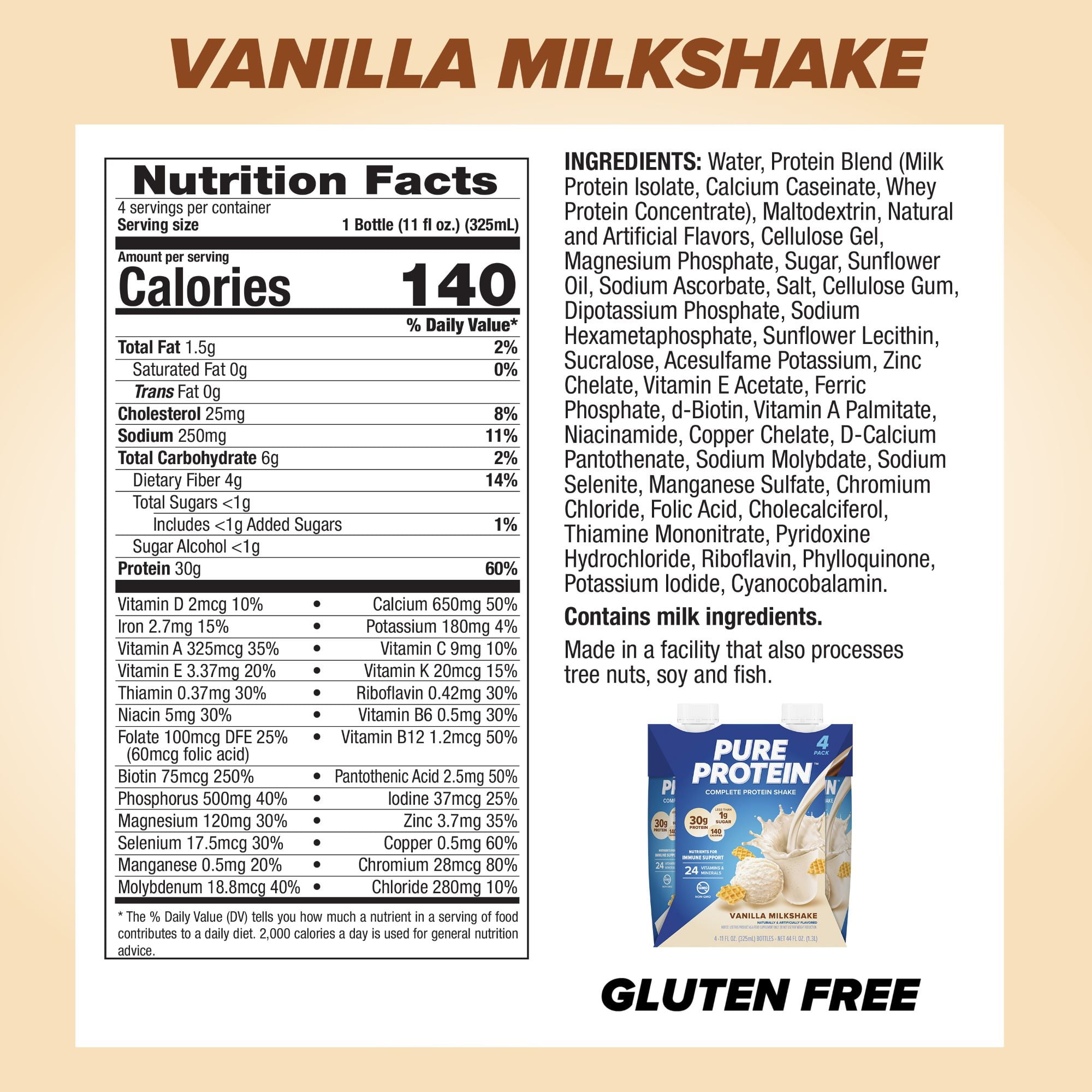 Pure Protein Shake 3 Pack Vanilla Milkshake 30g Protein Gluten Free 11 fl oz 4 Pk