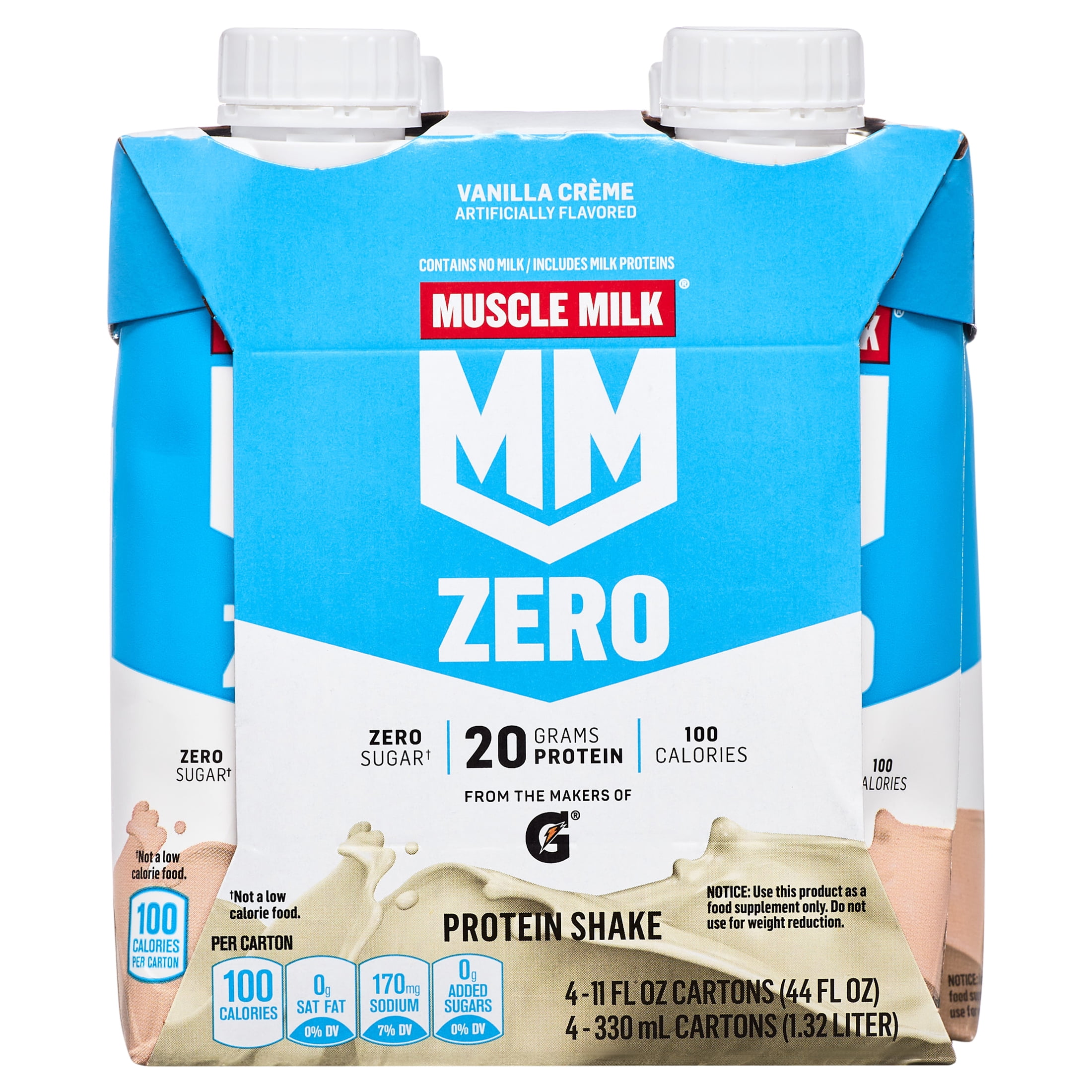 Muscle Milk Zero Vanilla Creme Protein Shake, 11.16 Fl Oz Bottle, 4 Pack - 20g Protein, Zero Sugar,