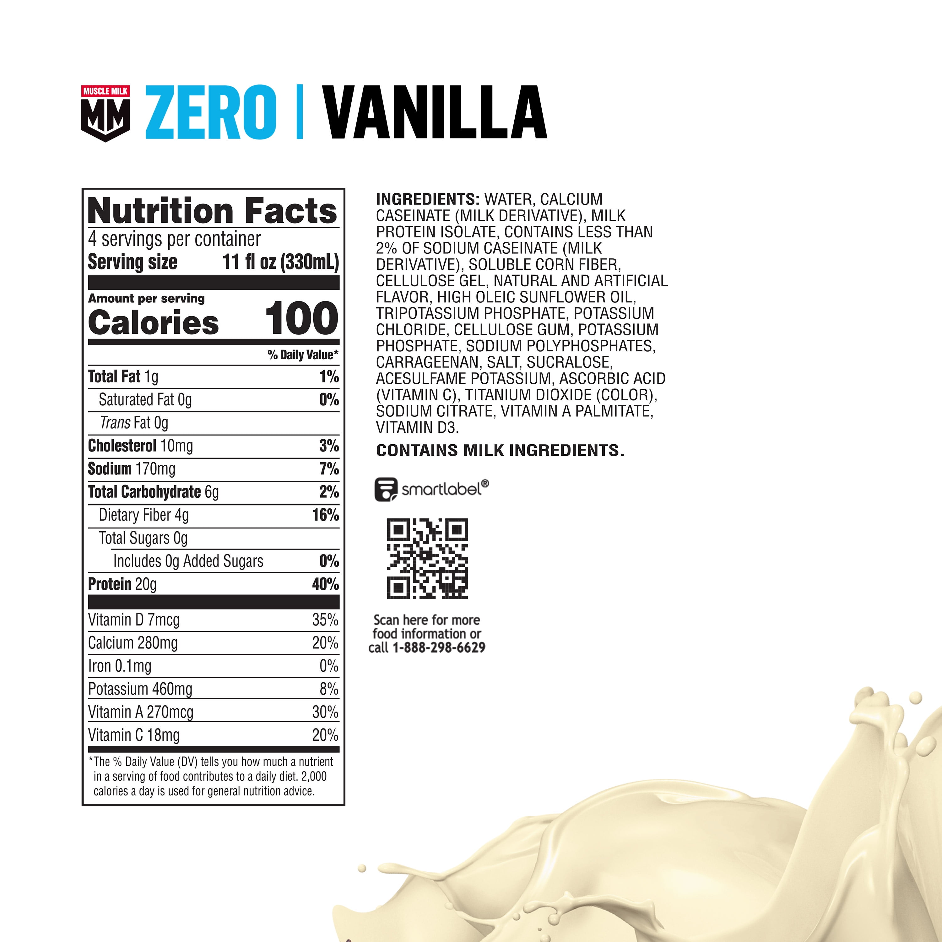 Muscle Milk Zero Vanilla Creme Protein Shake, 11.16 Fl Oz Bottle, 4 Pack - 20g Protein, Zero Sugar,