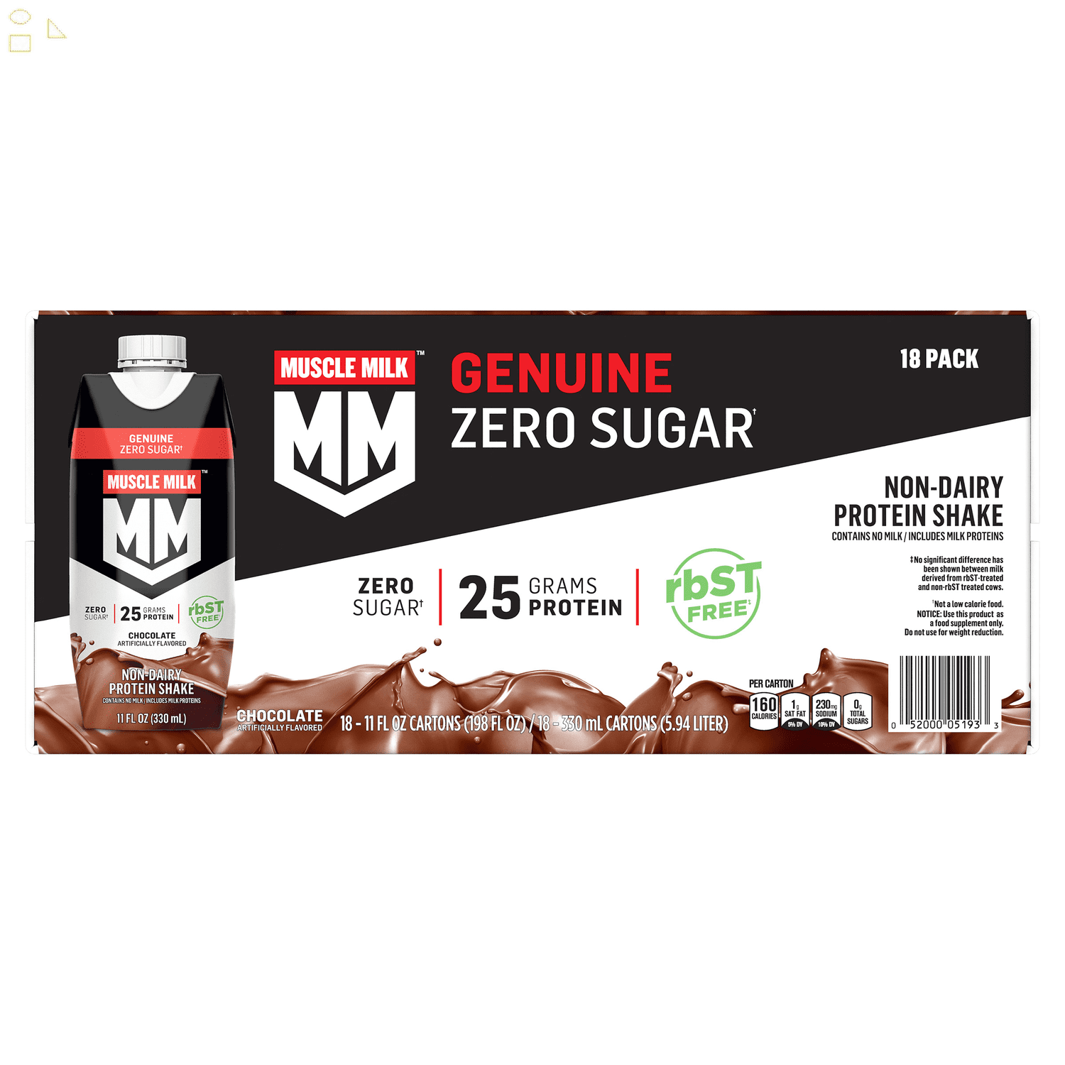 Muscle Milk Genuine Chocolate Protein Shake 2 x 11 Fl Oz Packs, 18-Pack.