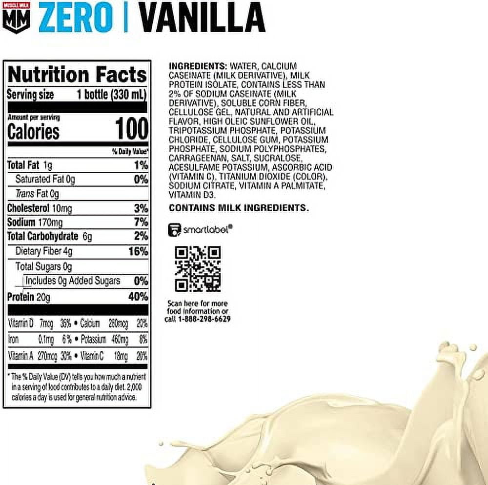 Muscle Milk Zero Protein Shake Vanilla Creme 20g Protein Zero Sugar 100 Calories Calcium Vitamins A C D 4g Fiber Energizing Snack Workout Recovery Packaging May Vary 11.16 Fl Oz Pack