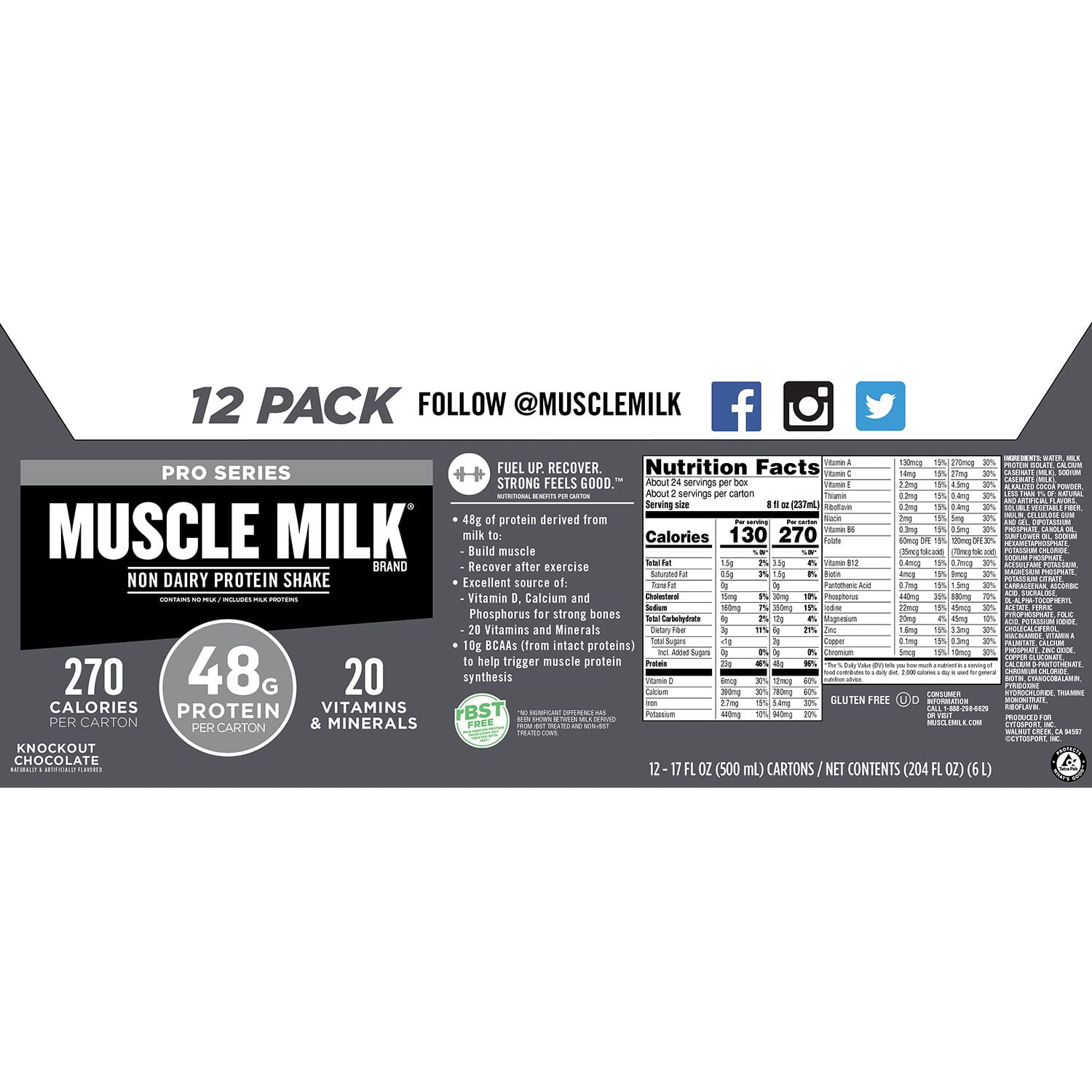 Muscle Milk Pro Series Knockout Chocolate Protein Shake 40g Protein 14 Fl Oz 12 Ct