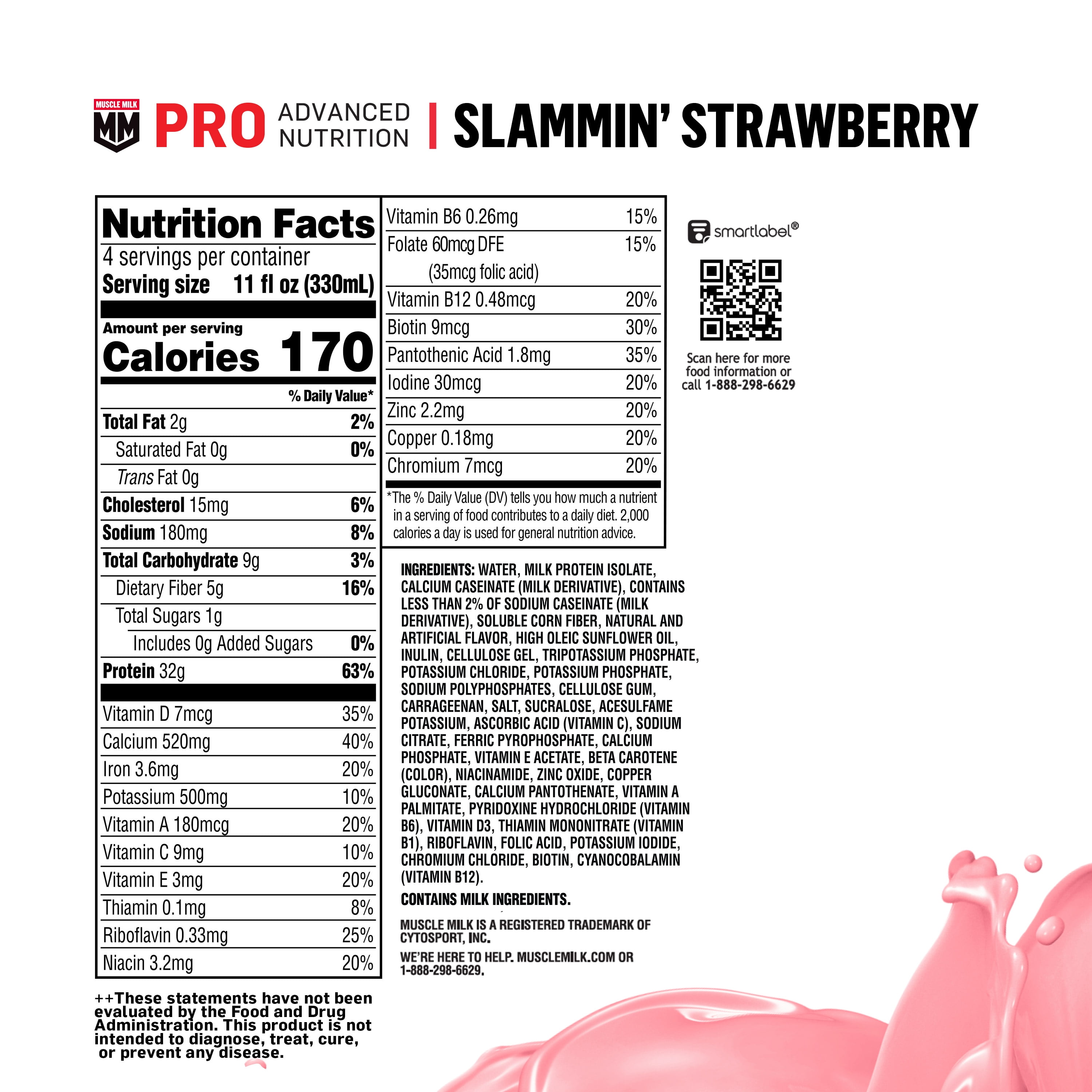 Muscle Milk Pro Series Strawberry Protein Shake 32g Protein 11 oz Cartons 4 Count