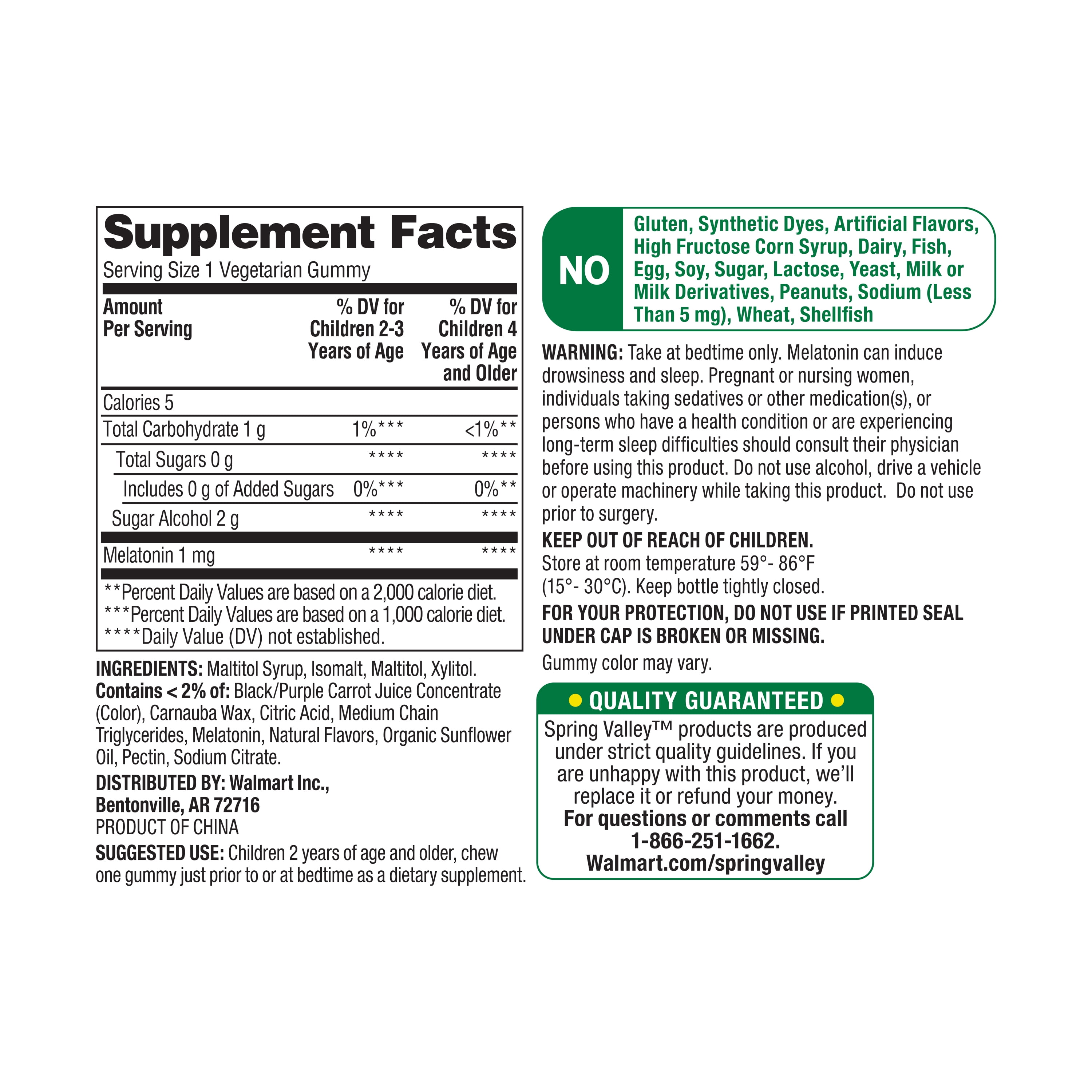 Spring Valley Zero Sugar Kids Melatonin Sleep Support Supplement Gummies Blackberry Raspberry 1mg 60 Count