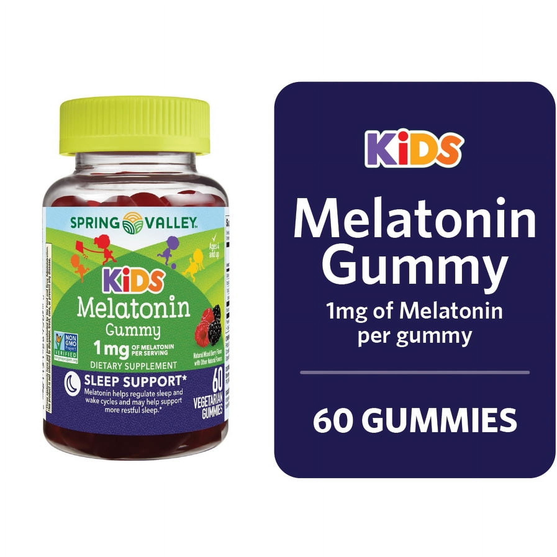 Spring Valley Kids Melatonin Gummies Raspberry 1mg 60 Count Natural Sleep Aid Supplement