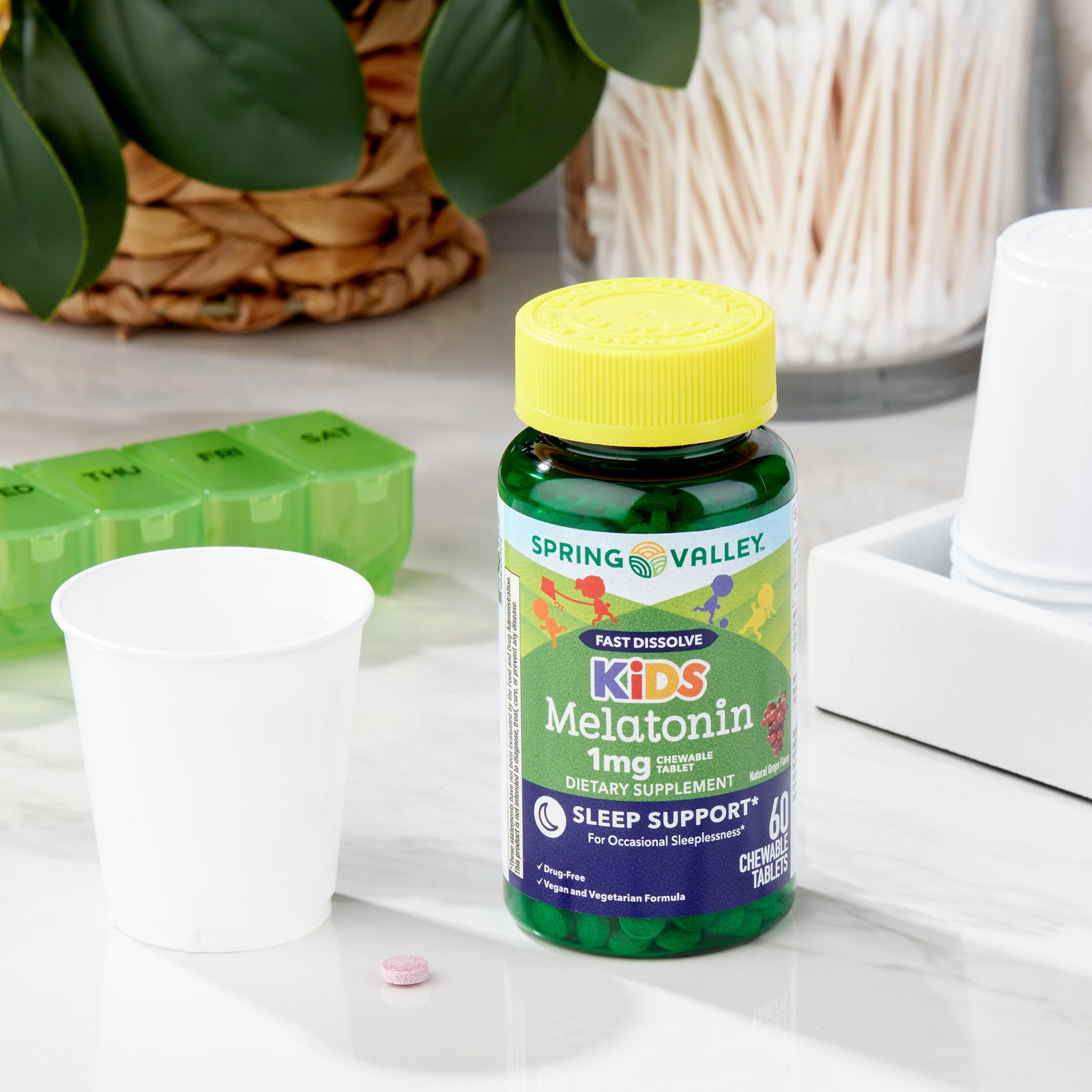 Spring Valley Kids Melatonin Chewable Tablets Grape Flavor 1mg 60 Count for Better Sleep and Health