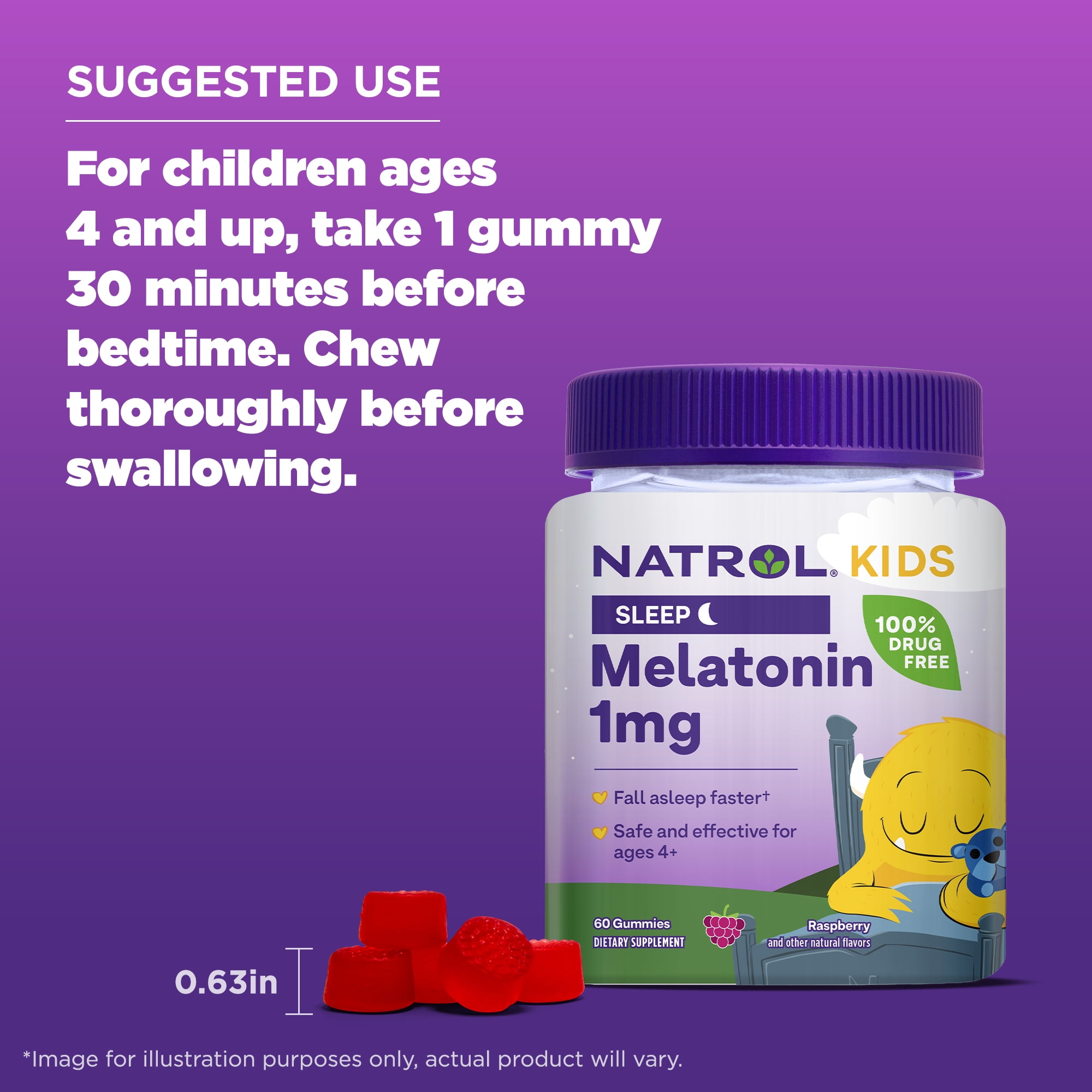 Natrol Kids Melatonin Sleep Gummies for Children Raspberry Flavor 1mg 60 Count