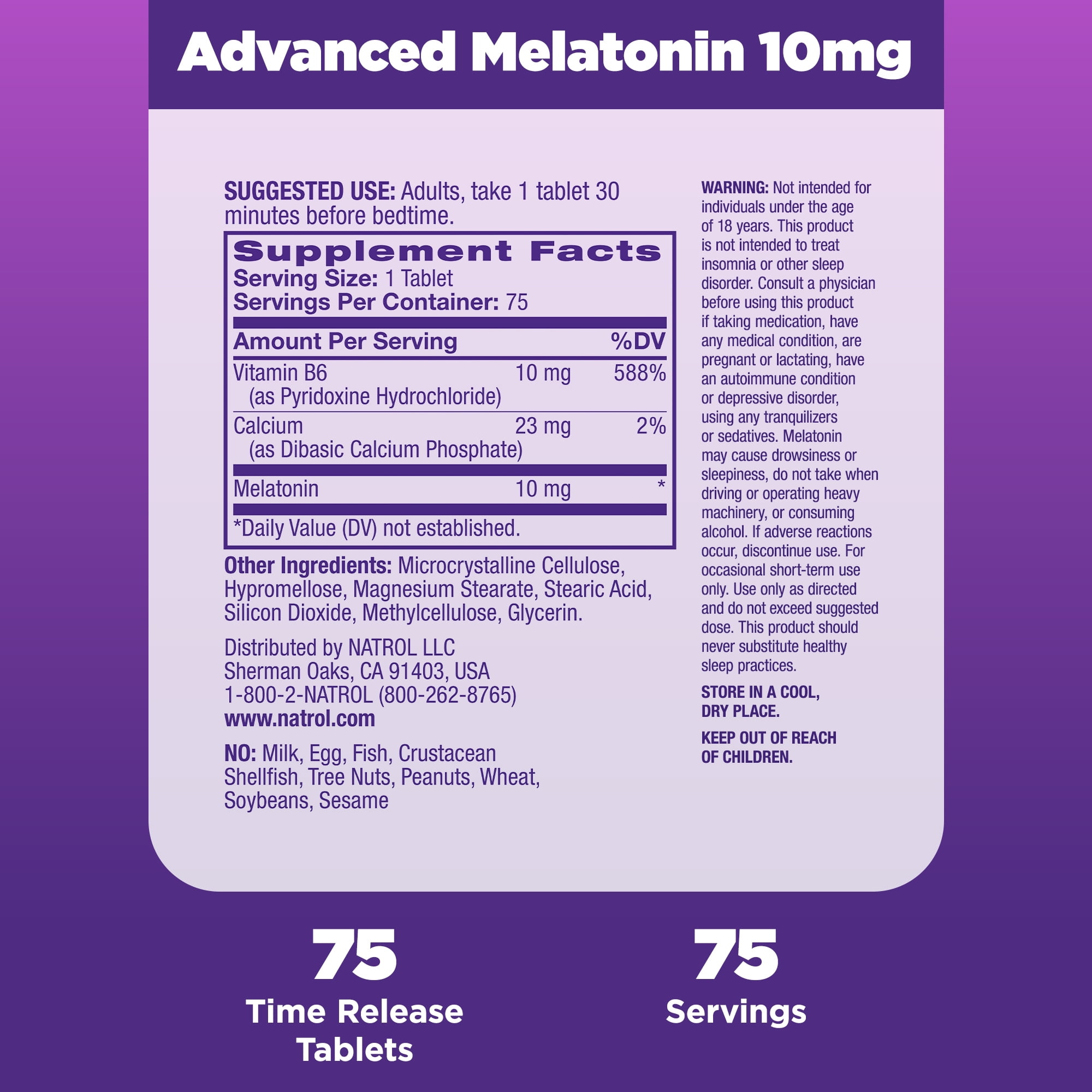 Natrol Sleep Advanced Melatonin Time Release Nighttime Sleep Aid 10mg 75 Count Tablets