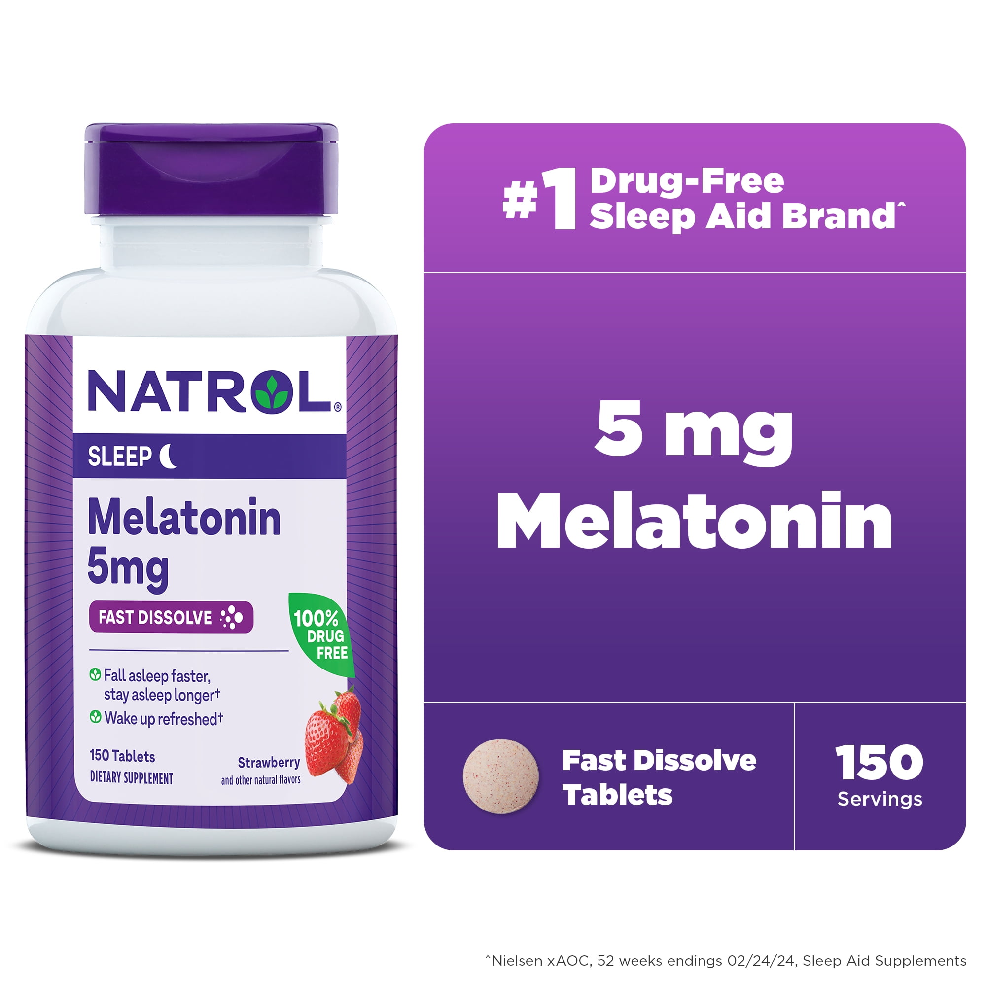 Natrol Sleep Melatonin Fast Dissolve Tablets Nighttime Aid Strawberry Flavor 5mg 150 Ct
