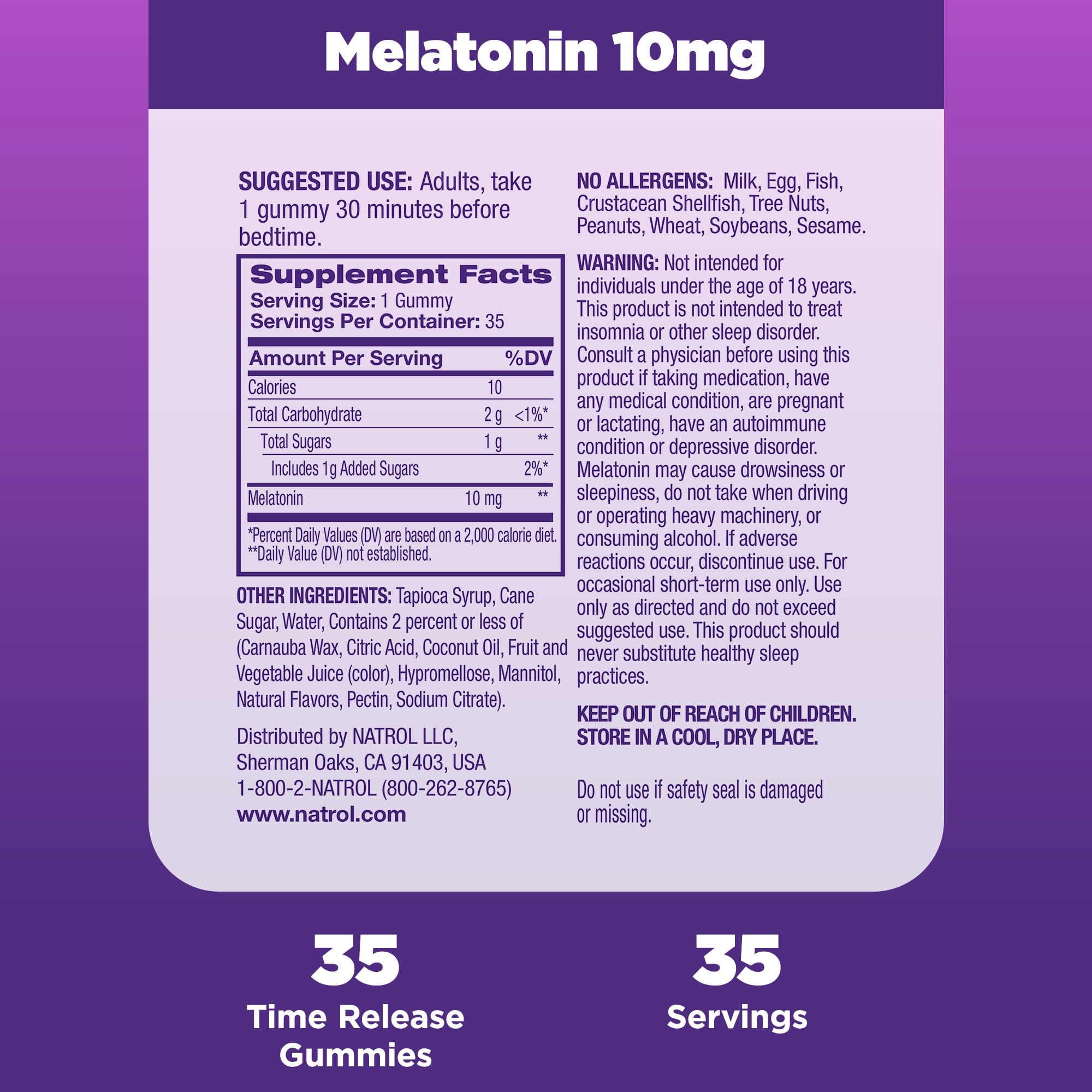 Natrol Time Release Melatonin 10mg Adult Sleep Gummies Strawberry Flavored 35 Servings