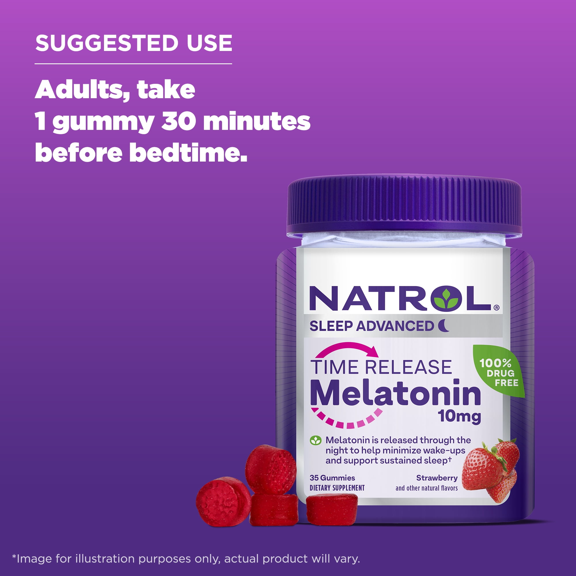 Natrol Time Release Melatonin 10mg Adult Sleep Gummies Strawberry Flavored 35 Servings