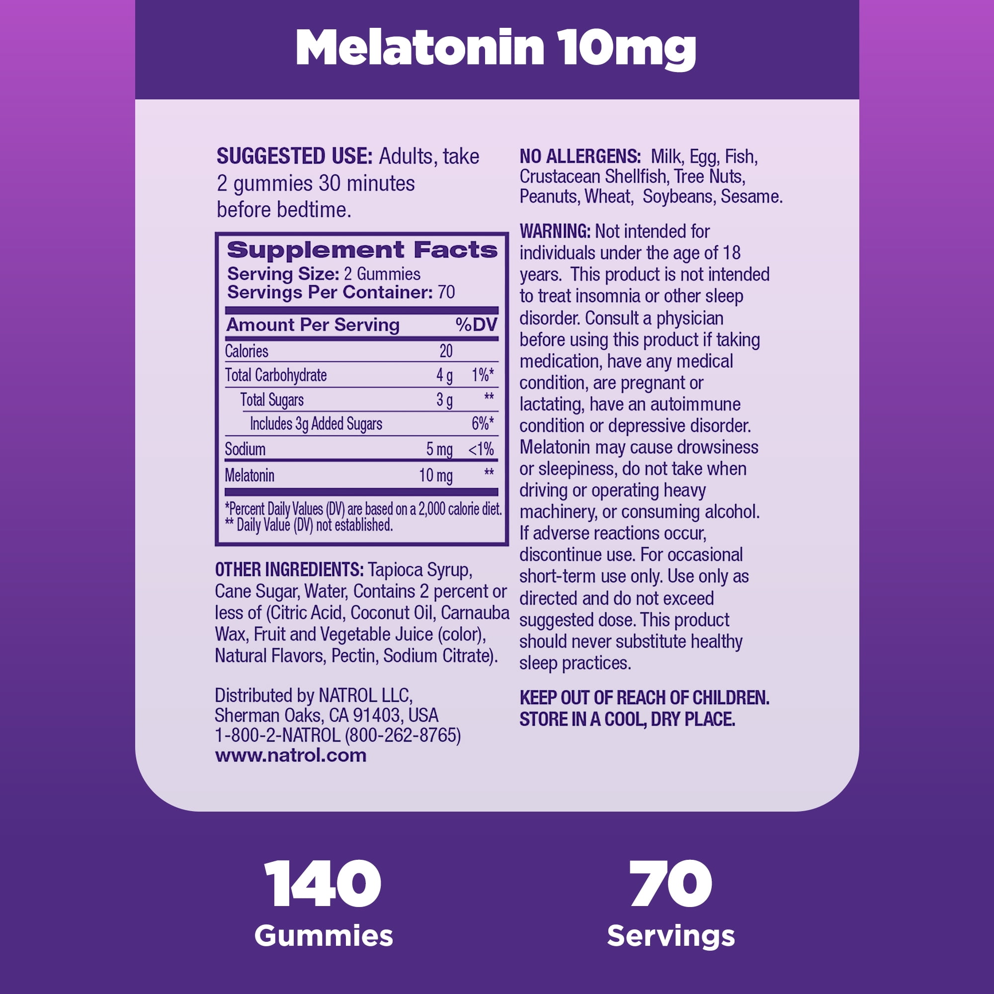 Natrol Melatonin Gummies Sleep Support Adults Strawberry Flavor 10mg 140 Count