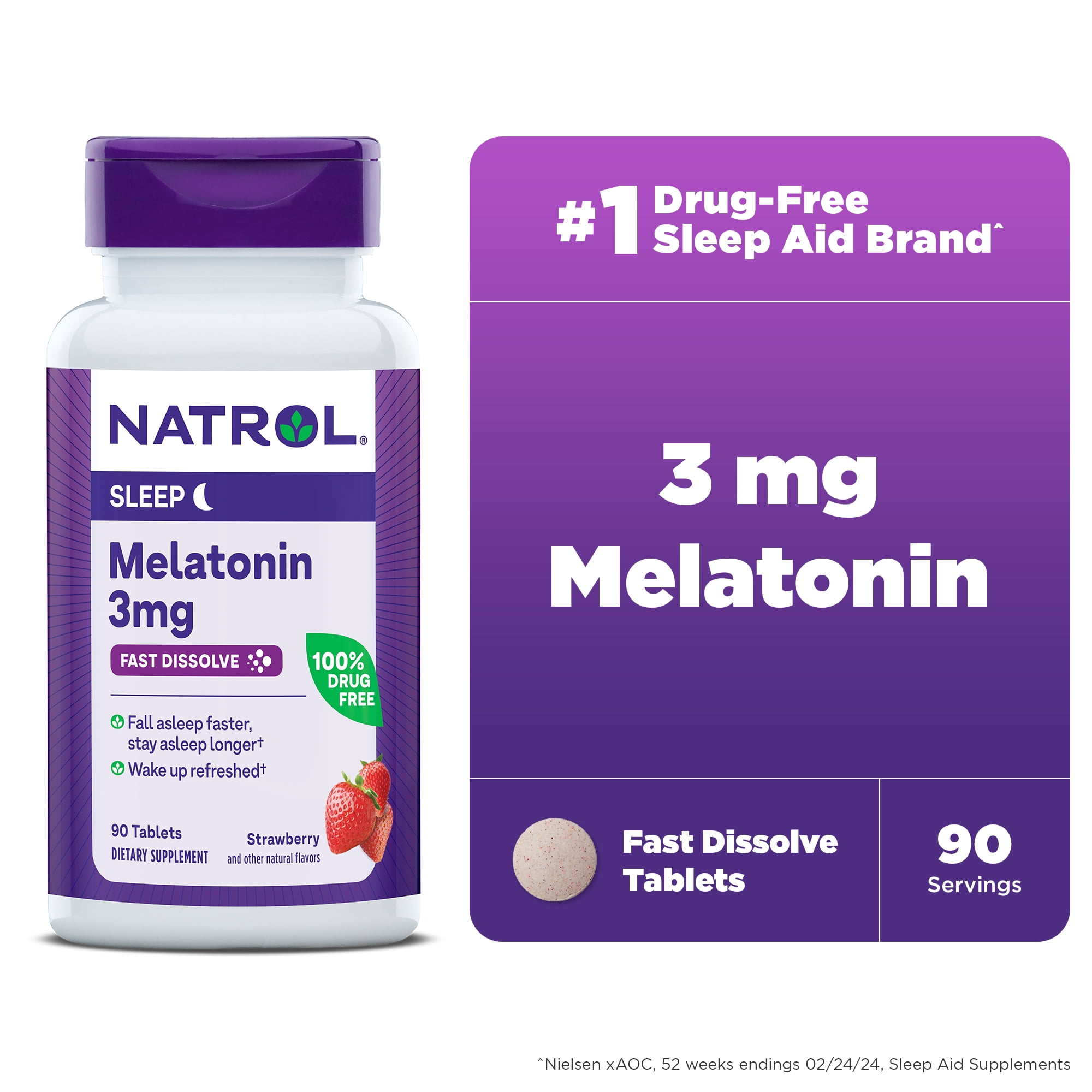 Natrol Sleep Melatonin Fast Dissolve Tablets Nighttime Sleep Aid Strawberry Flavor 3mg 90 Count