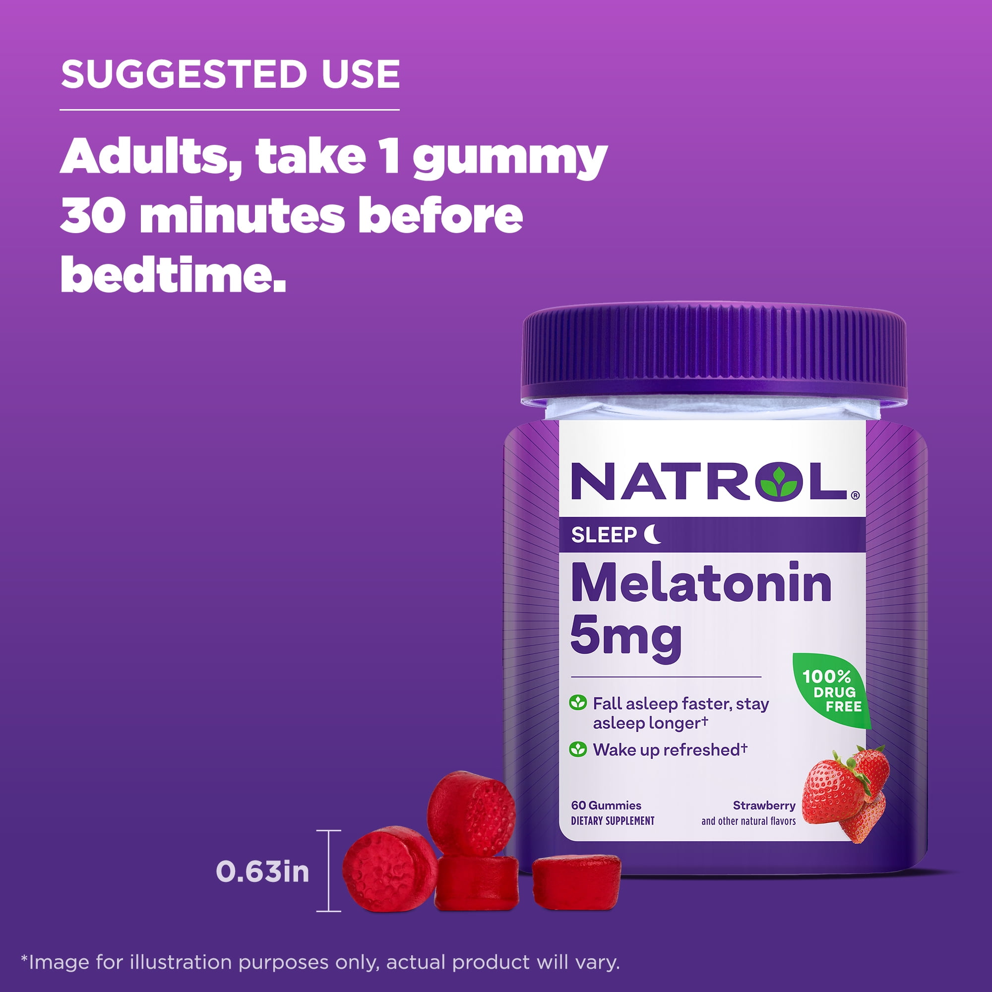Natrol 5mg Melatonin Gummies Sleep Support for Adults 60 Strawberry Flavored Gummies 30 Servings