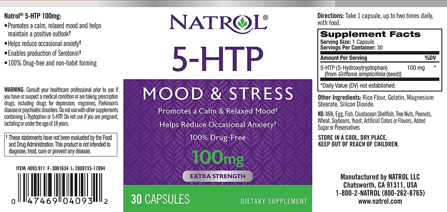 Natrol 5-HTP 100mg Capsules 30 Count Pack of 3 for Stress Relief Sleep Support