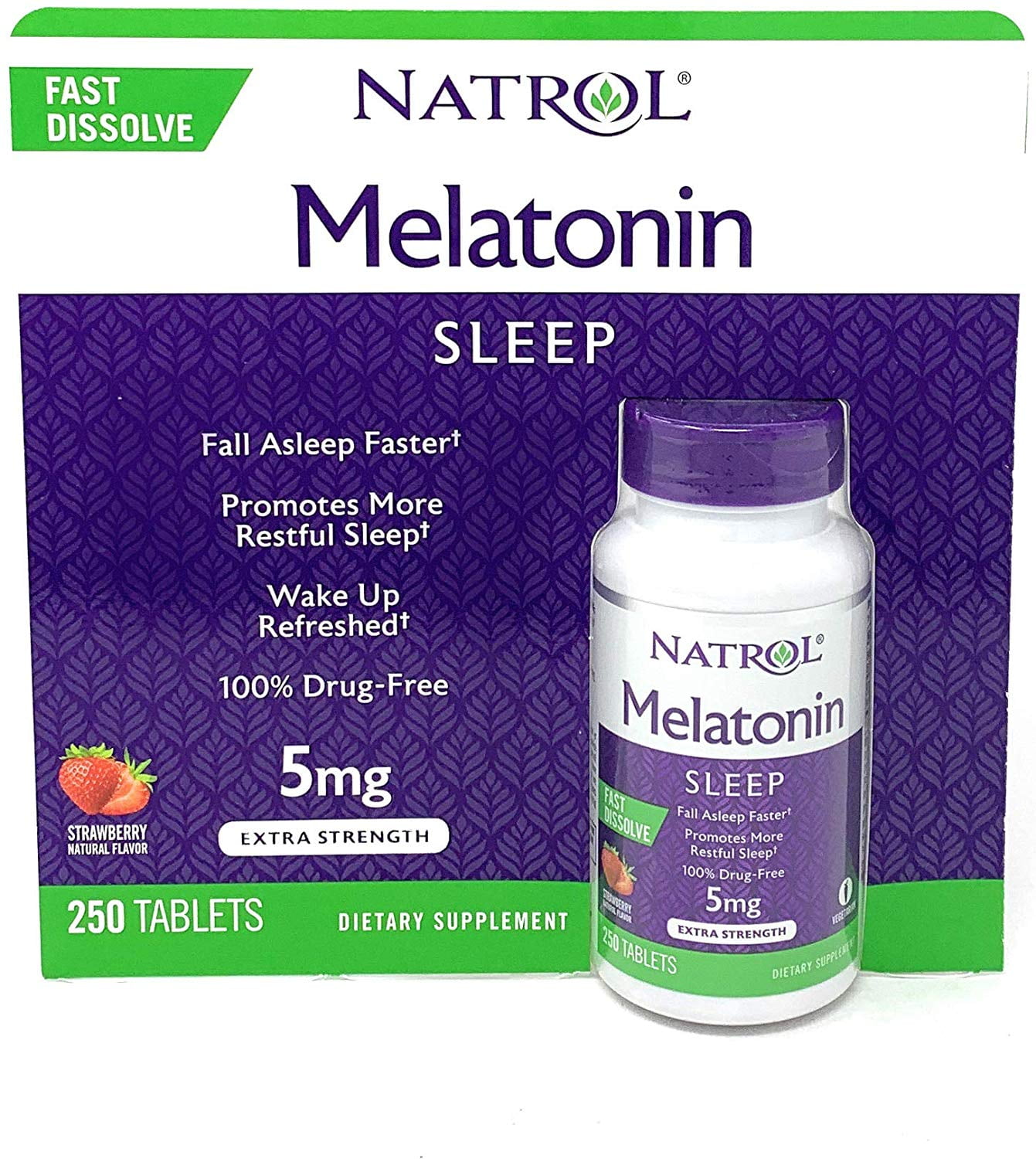 Natrol Melatonin 5mg Strawberry Flavor 250 Fast Dissolve Tablets for Sleep Support